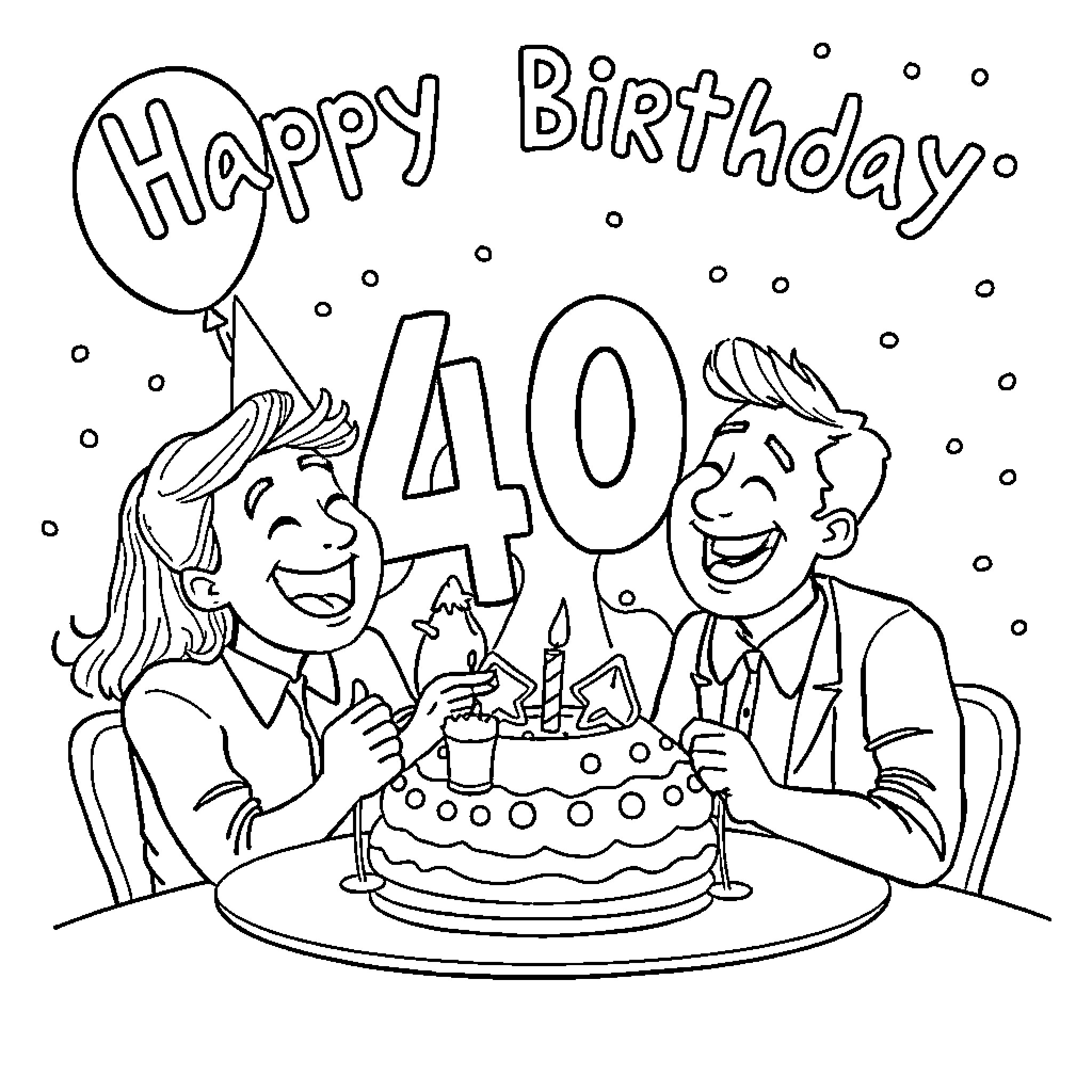 Birthday celebration with cake and guests Coloring Page (free black-and-white line drawing printable PDF for all, from beginners to advanced learners, including children, teens, adults, and seniors)