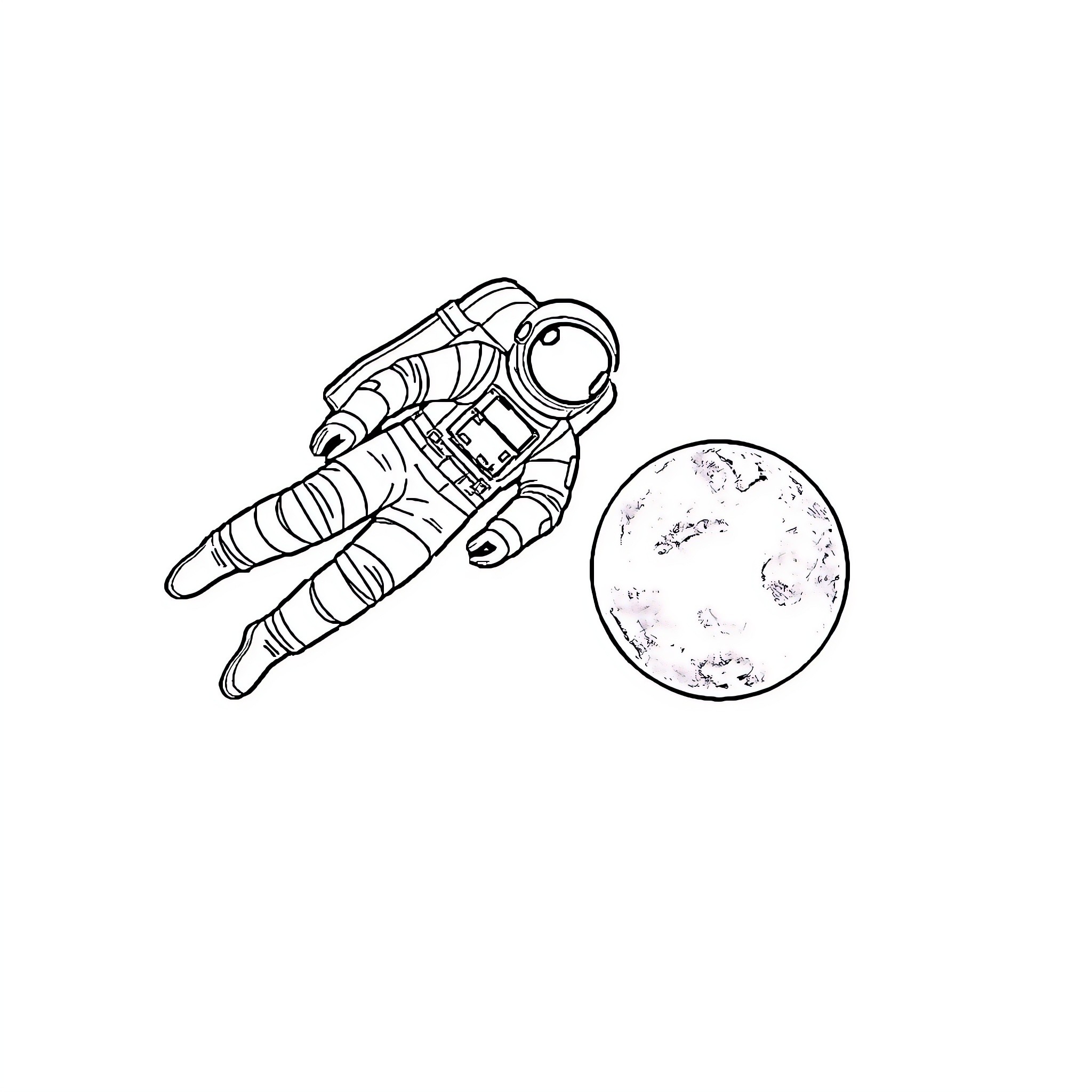 Astronaut floating in space near the moon Coloring Page (free black-and-white line drawing printable PDF for all, from beginners to advanced learners, including children, teens, adults, and seniors)
