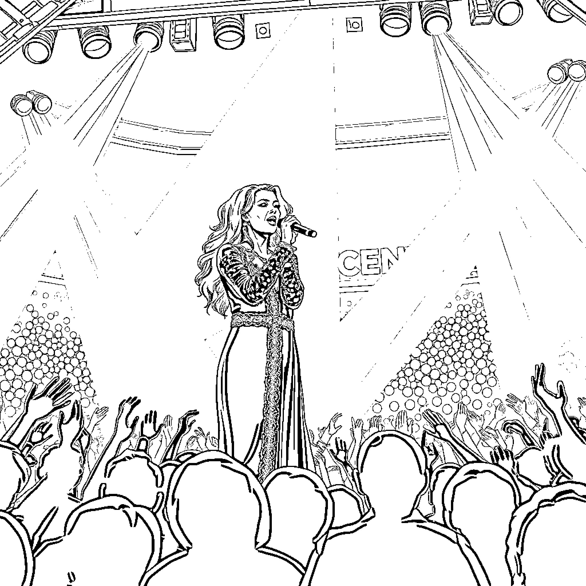 Céline Dion performing on stage before cheering crowd Coloring Page (free black-and-white line drawing printable PDF for all, from beginners to advanced learners, including children, teens, adults, and seniors)