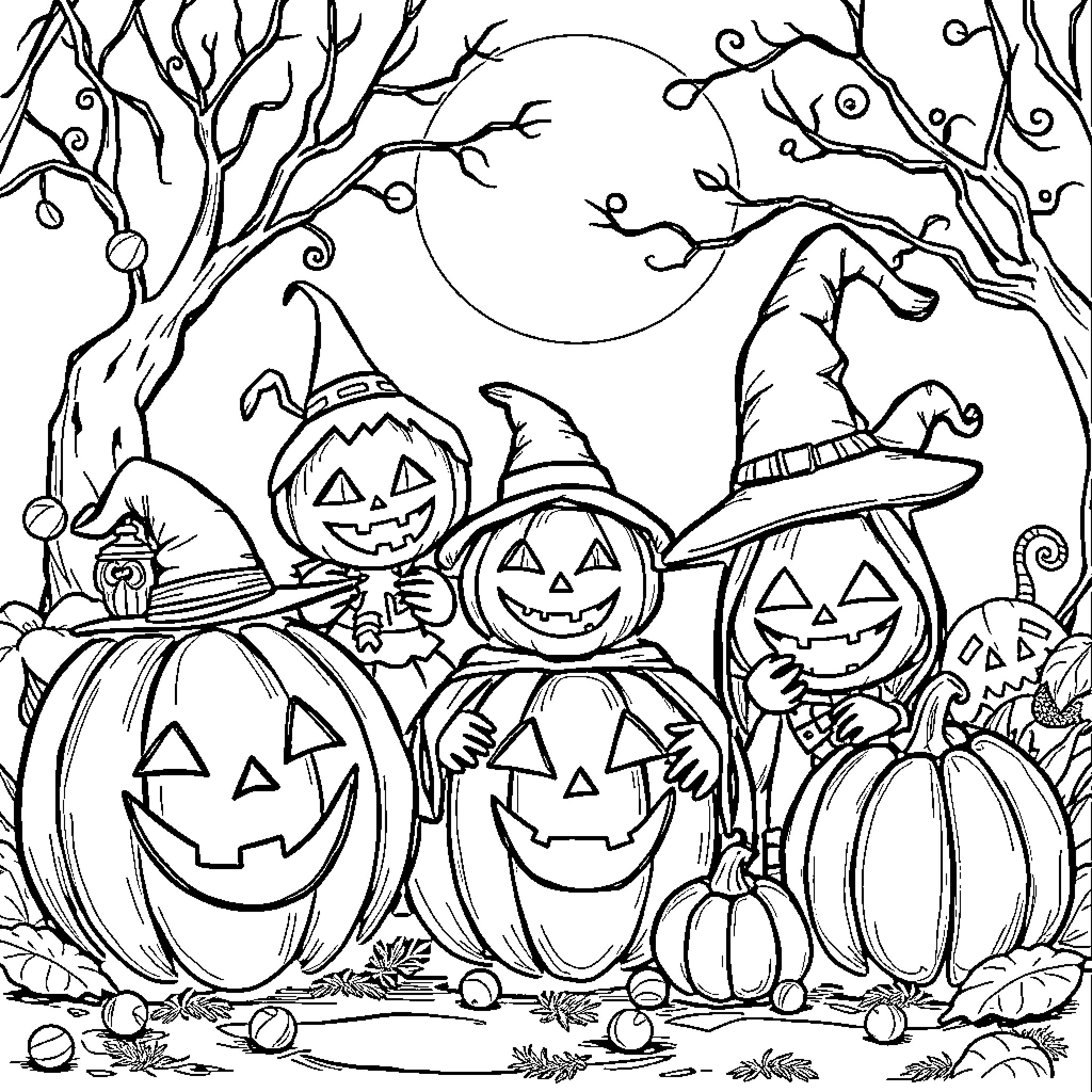 Pumpkin-headed characters in a spooky forest Coloring Page (free black-and-white line drawing printable PDF for all, from beginners to advanced learners, including children, teens, adults, and seniors)