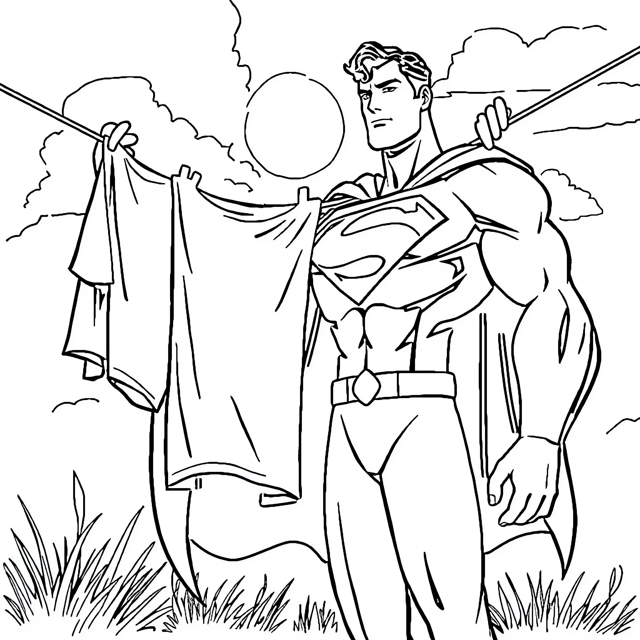 Superman saving the day in action-packed scene Coloring Page (free black-and-white line drawing printable PDF for all, from beginners to advanced learners, including children, teens, adults, and seniors)