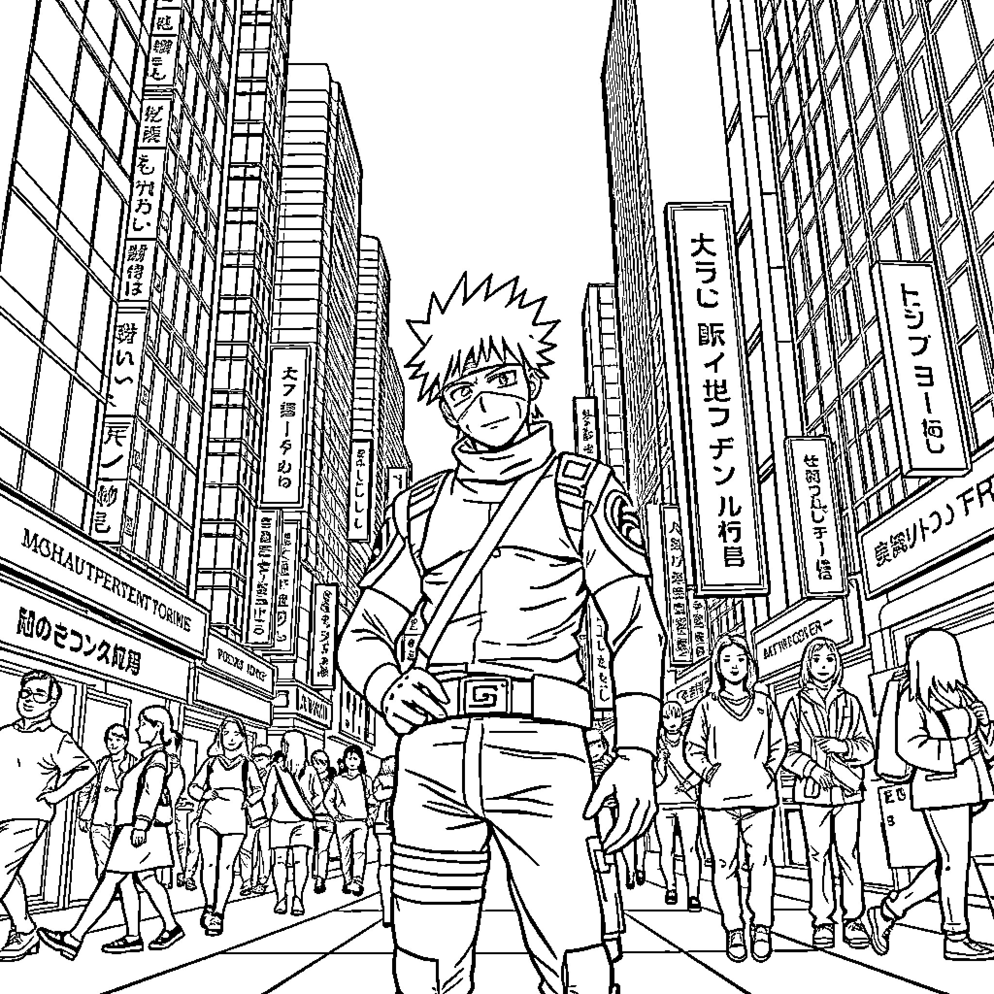 Kakashi's Bustling Urban Adventure Coloring Page (free black-and-white line drawing printable PDF for all, from beginners to advanced learners, including children, teens, adults, and seniors)