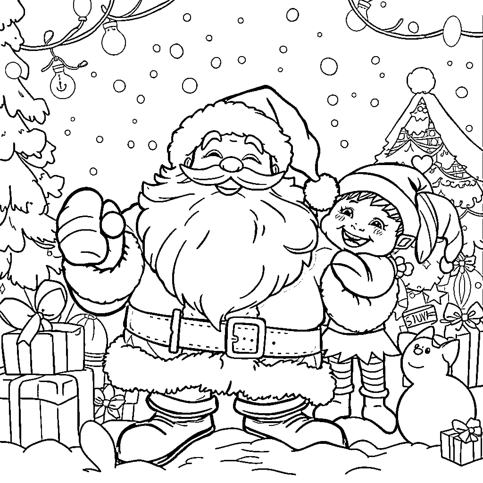 Santa Claus Surrounded by Christmas Scenes Coloring Page (free black-and-white line drawing printable PDF for all, from beginners to advanced learners, including children, teens, adults, and seniors)