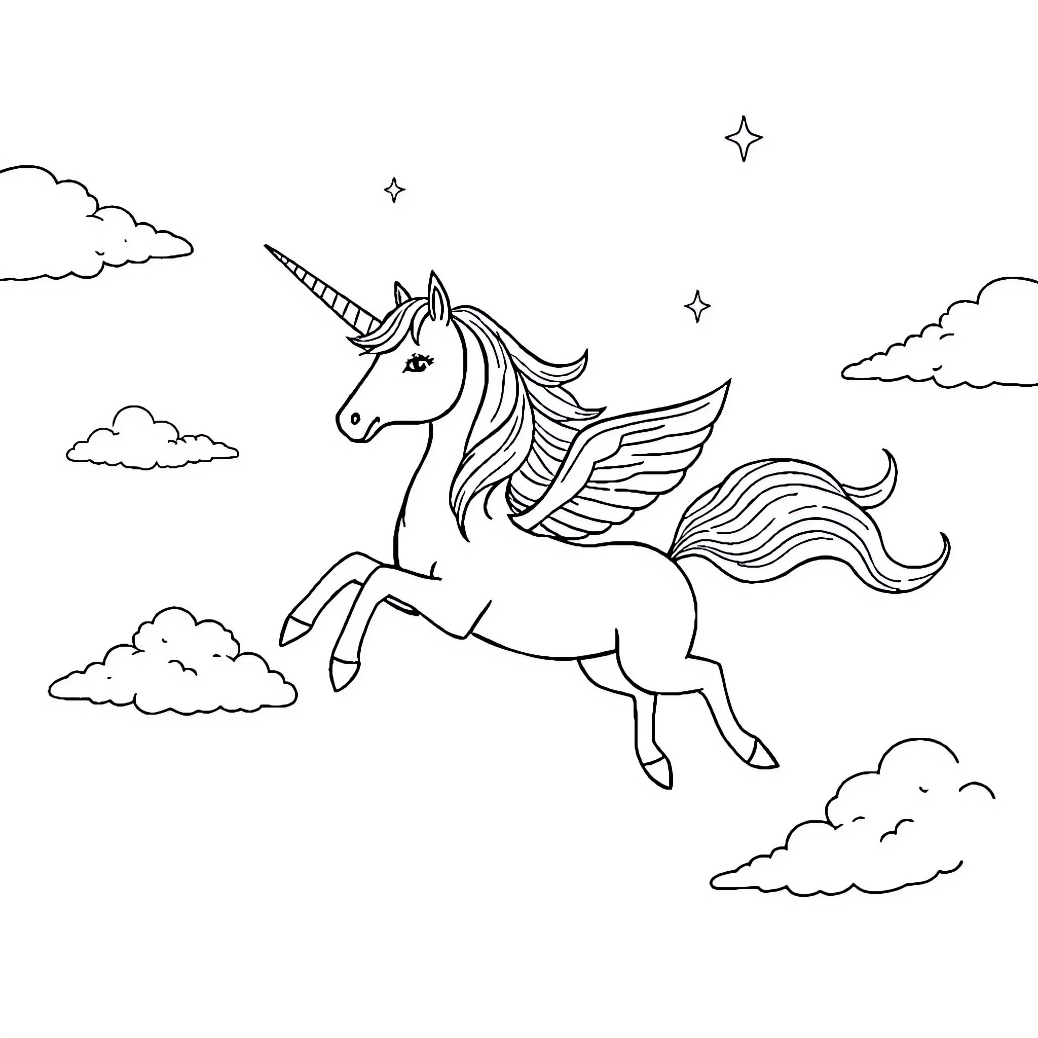 Unicorn soaring through the magical sky Coloring Page (free black-and-white line drawing printable PDF for all, from beginners to advanced learners, including children, teens, adults, and seniors)