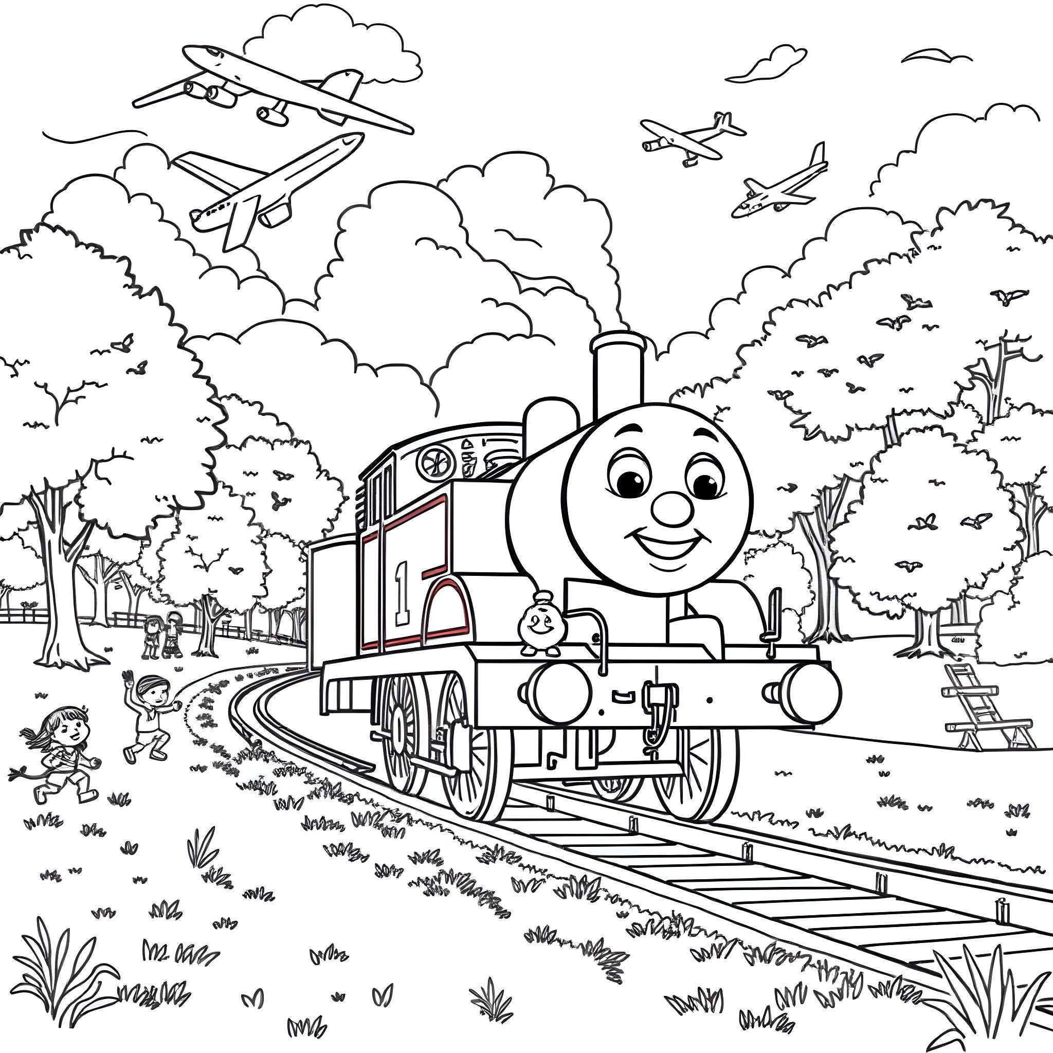 Thomas and the Friendly Train in Nature's Playground Coloring Page (free black-and-white line drawing printable PDF for all, from beginners to advanced learners, including children, teens, adults, and seniors)