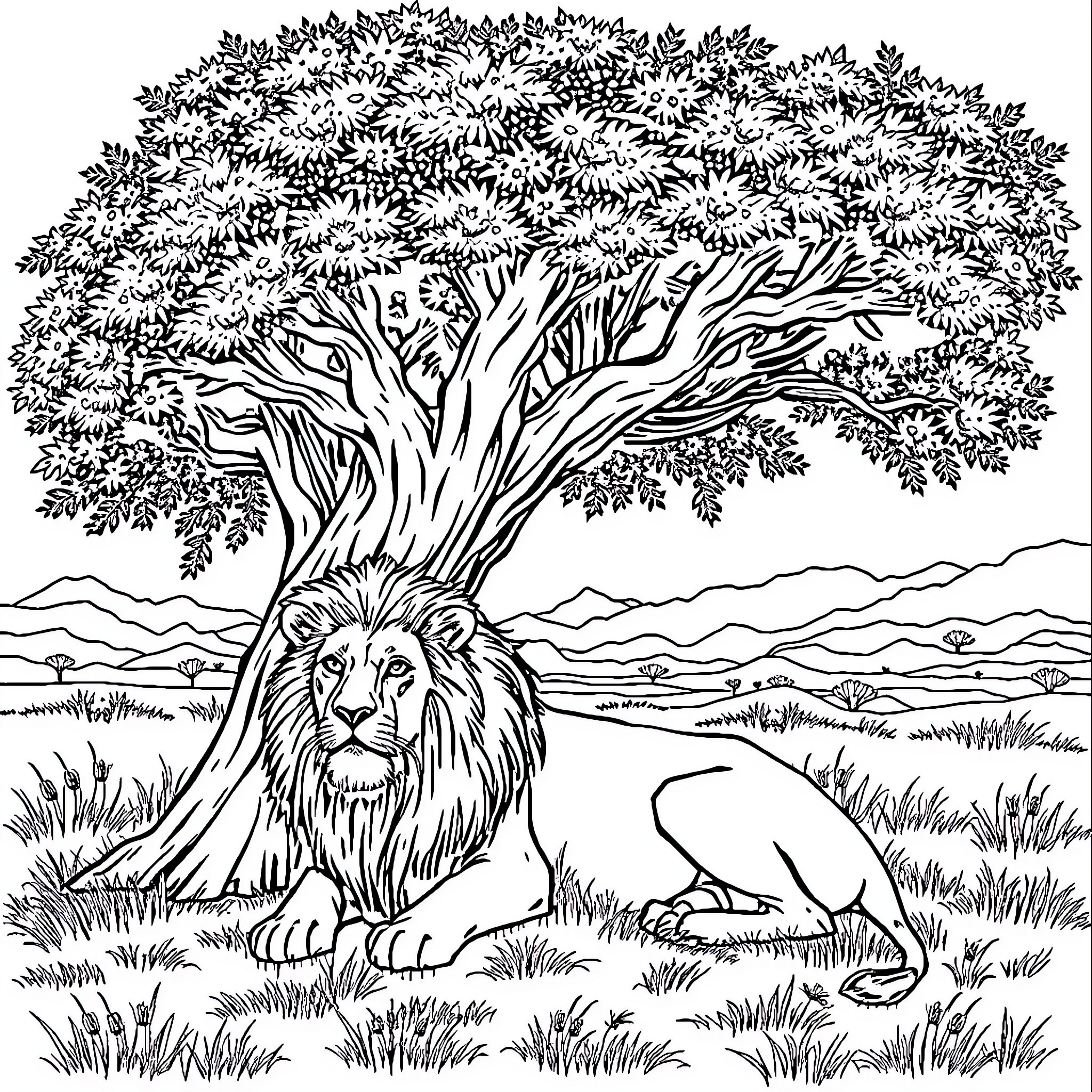 Lion resting under a large tree in nature Coloring Page (free black-and-white line drawing printable PDF for all, from beginners to advanced learners, including children, teens, adults, and seniors)