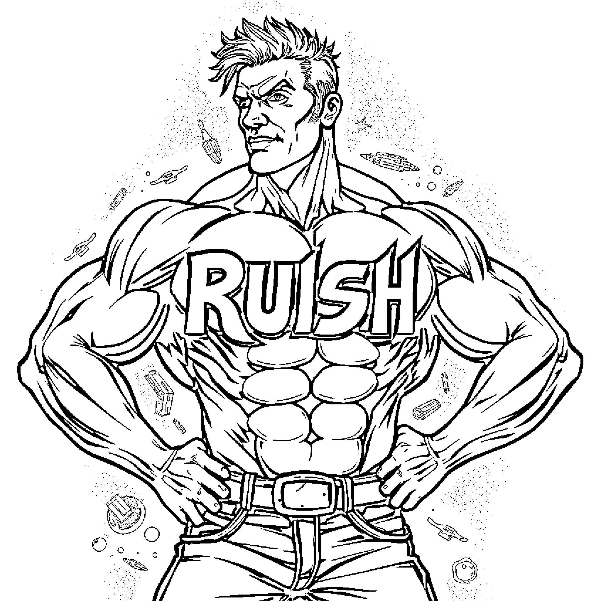 Rush of Muscular Superhero's Action Coloring Page (free black-and-white line drawing printable PDF for all, from beginners to advanced learners, including children, teens, adults, and seniors)
