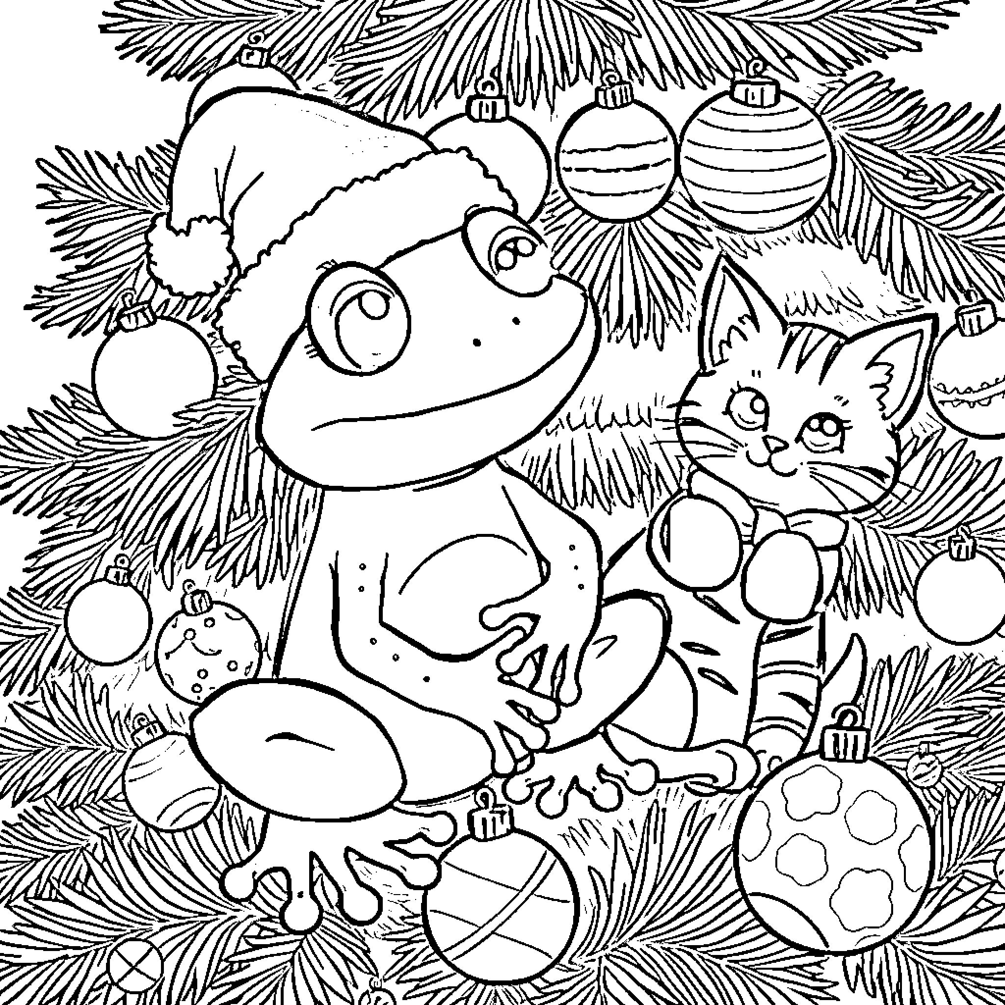 Frog and Cat Enjoying Christmas Decorations Coloring Page (free black-and-white line drawing printable PDF for all, from beginners to advanced learners, including children, teens, adults, and seniors)