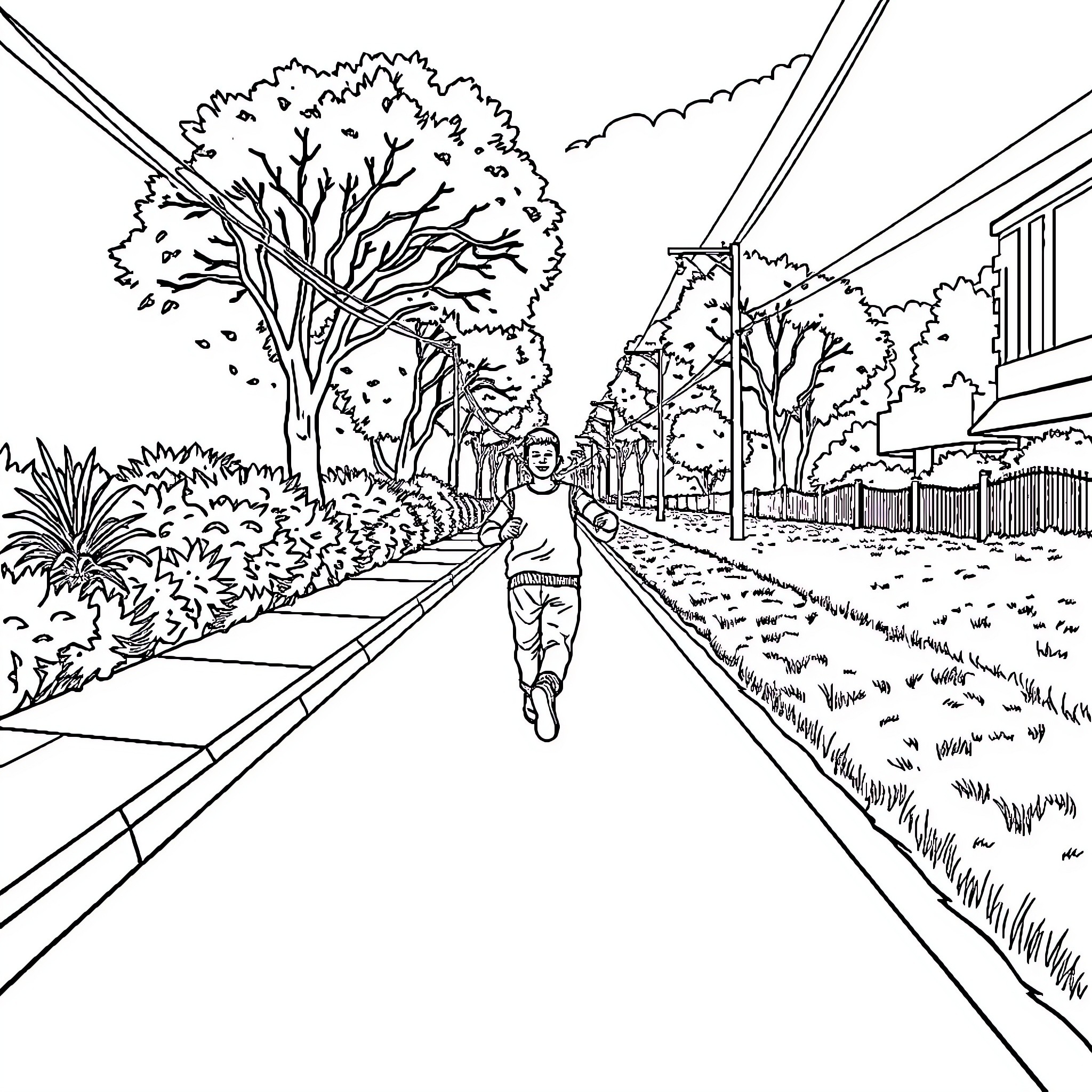 Person jogging down a scenic path with trees Coloring Page (free black-and-white line drawing printable PDF for all, from beginners to advanced learners, including children, teens, adults, and seniors)