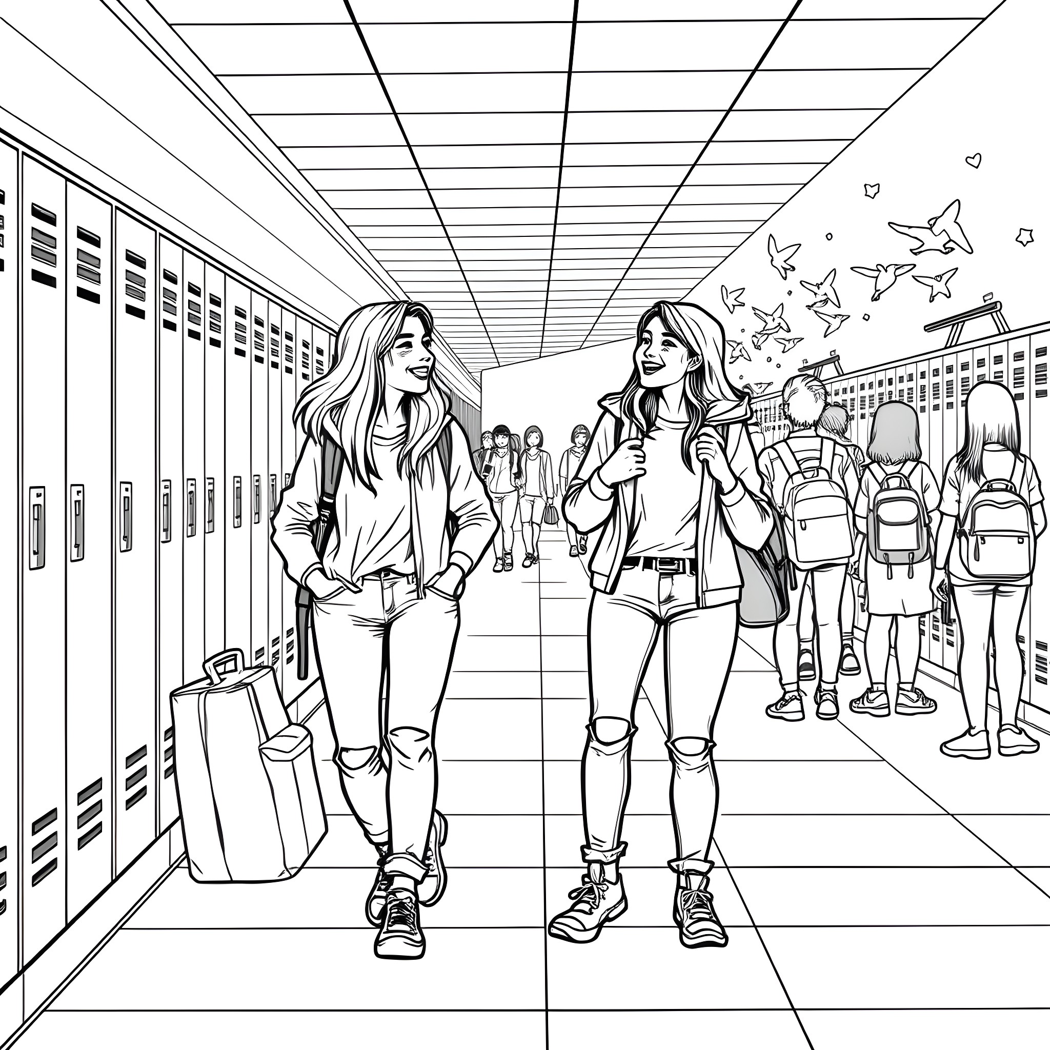 Teen Guys Hanging Out in School Hallway Coloring Page (free black-and-white line drawing printable PDF for all, from beginners to advanced learners, including children, teens, adults, and seniors)