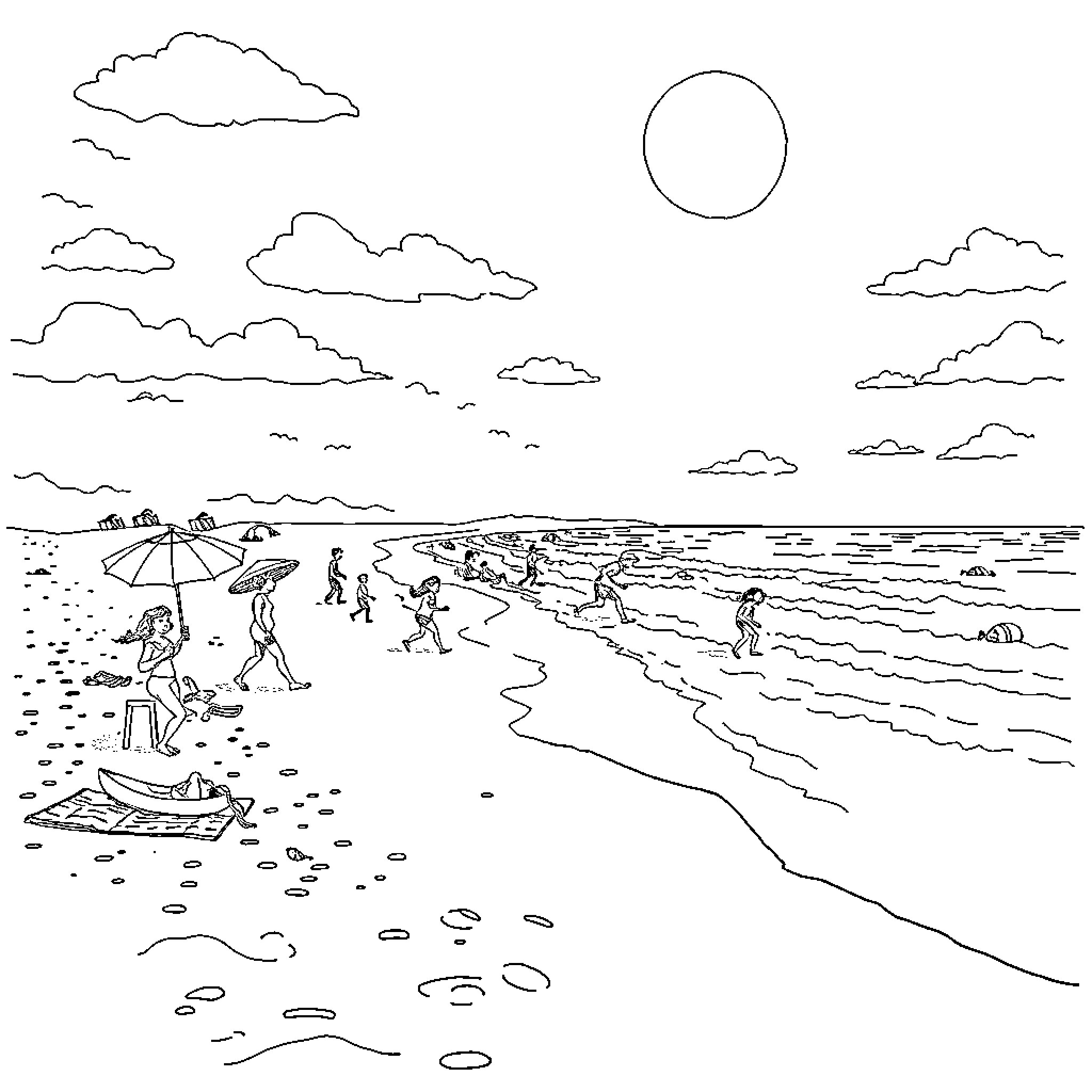 Person walking along the beach with others Coloring Page (free black-and-white line drawing printable PDF for all, from beginners to advanced learners, including children, teens, adults, and seniors)