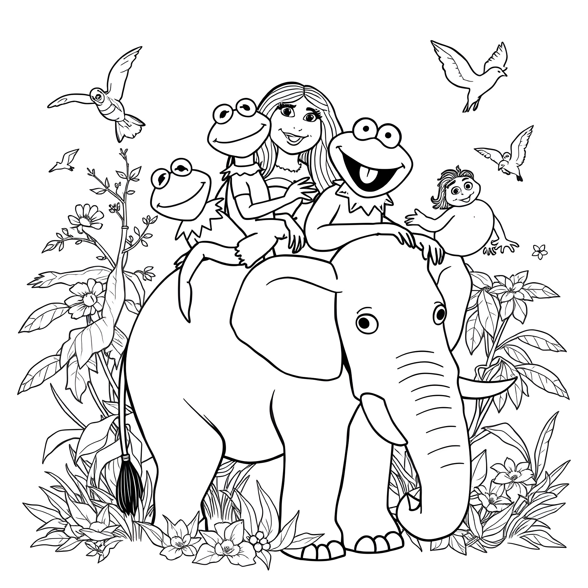 Muppet friends in a whimsical jungle scene Coloring Page (free black-and-white line drawing printable PDF for all, from beginners to advanced learners, including children, teens, adults, and seniors)