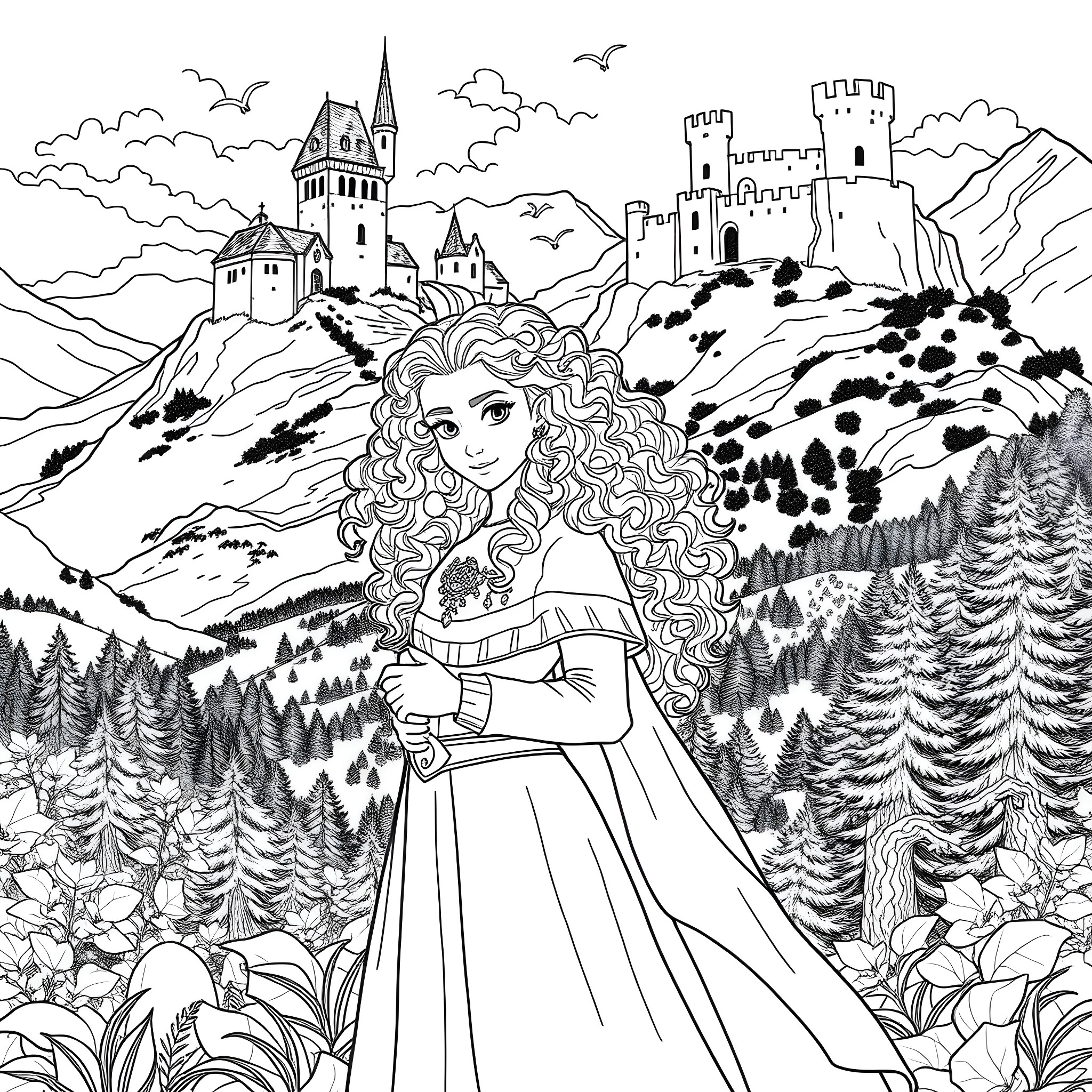 Merida exploring the enchanting highlands Coloring Page (free black-and-white line drawing printable PDF for all, from beginners to advanced learners, including children, teens, adults, and seniors)