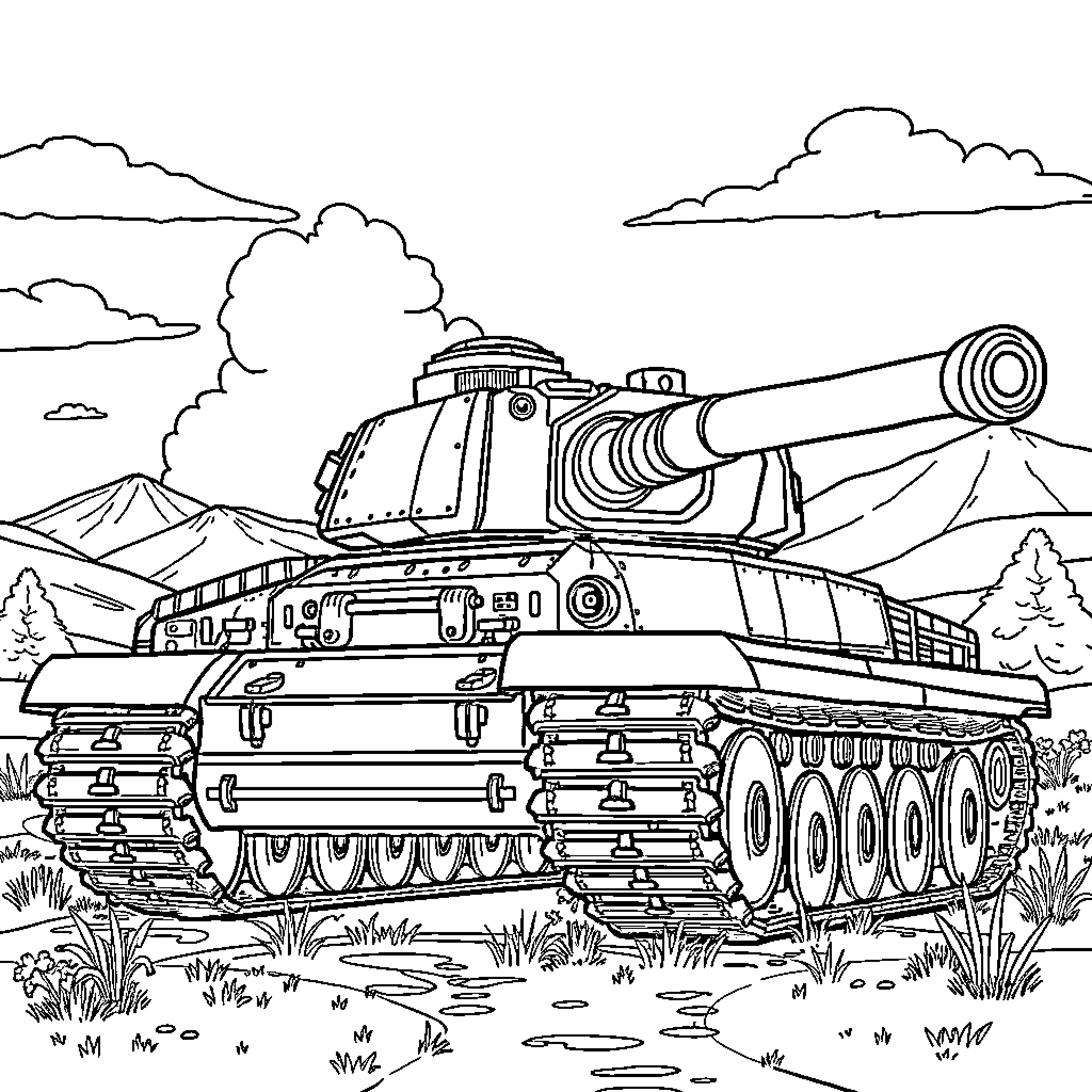 Tank in action on the battlefield Coloring Page (free black-and-white line drawing printable PDF for all, from beginners to advanced learners, including children, teens, adults, and seniors)