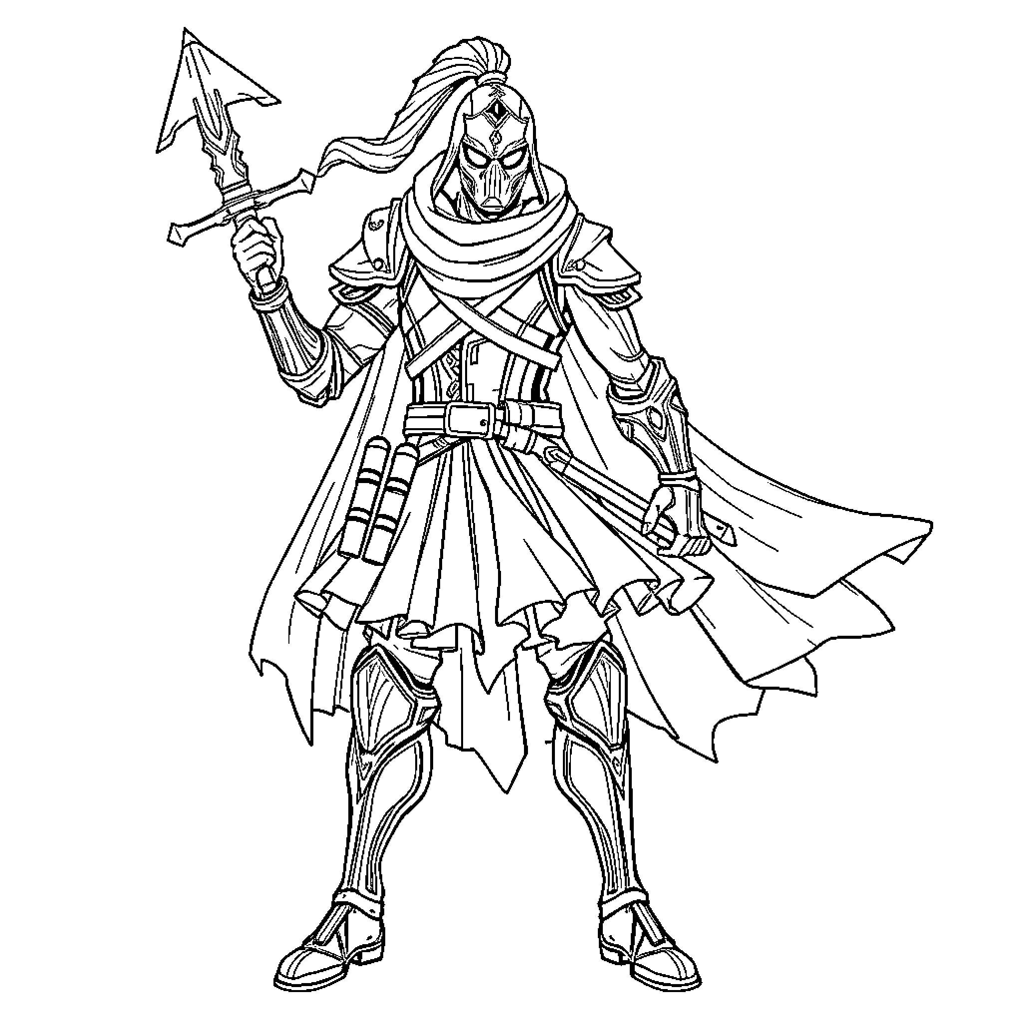 Chevalier Noir in Heroic Stance with Weapon Coloring Page (free black-and-white line drawing printable PDF for all, from beginners to advanced learners, including children, teens, adults, and seniors)