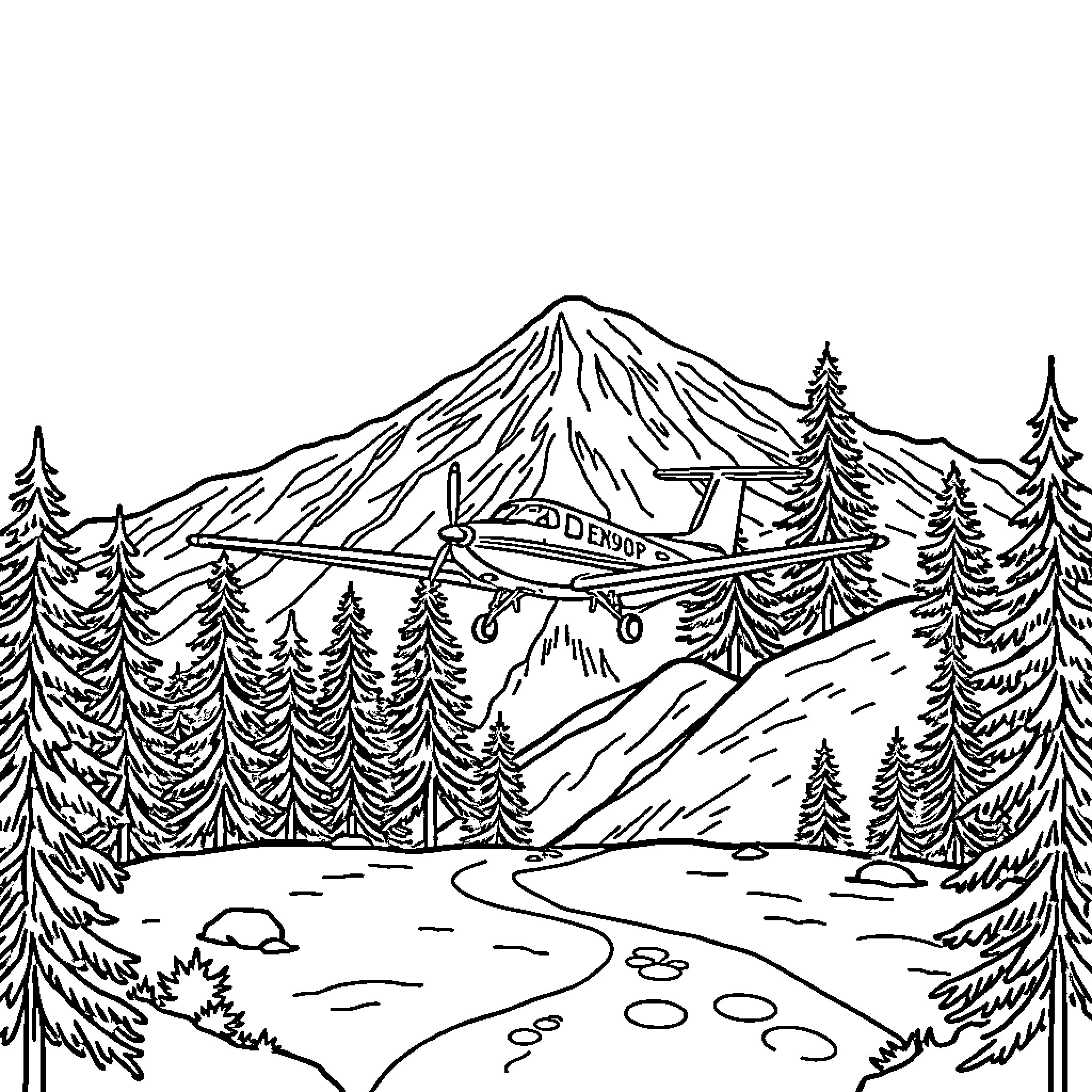 Plane flying over snowy mountain landscape Coloring Page (free black-and-white line drawing printable PDF for all, from beginners to advanced learners, including children, teens, adults, and seniors)