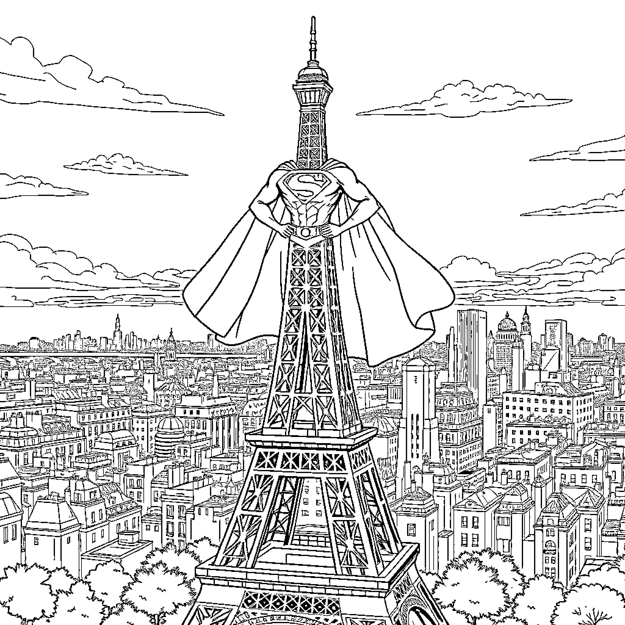 Superman soaring over the iconic Eiffel Tower in Paris Coloring Page (free black-and-white line drawing printable PDF for all, from beginners to advanced learners, including children, teens, adults, and seniors)