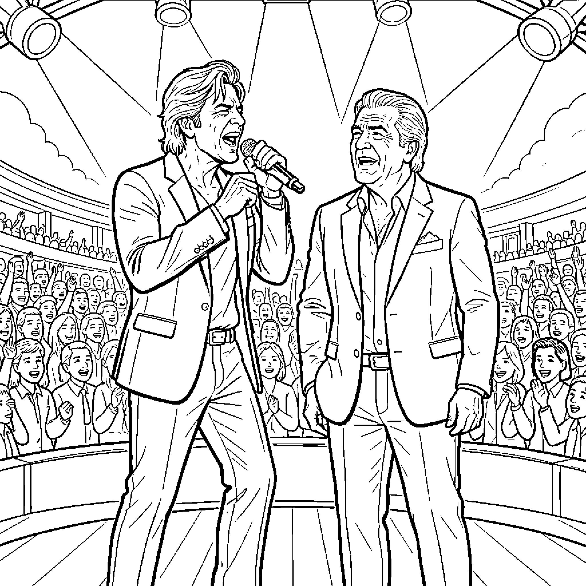 Bon Jovi Rockstars Performing on Stage Coloring Page (free black-and-white line drawing printable PDF for all, from beginners to advanced learners, including children, teens, adults, and seniors)