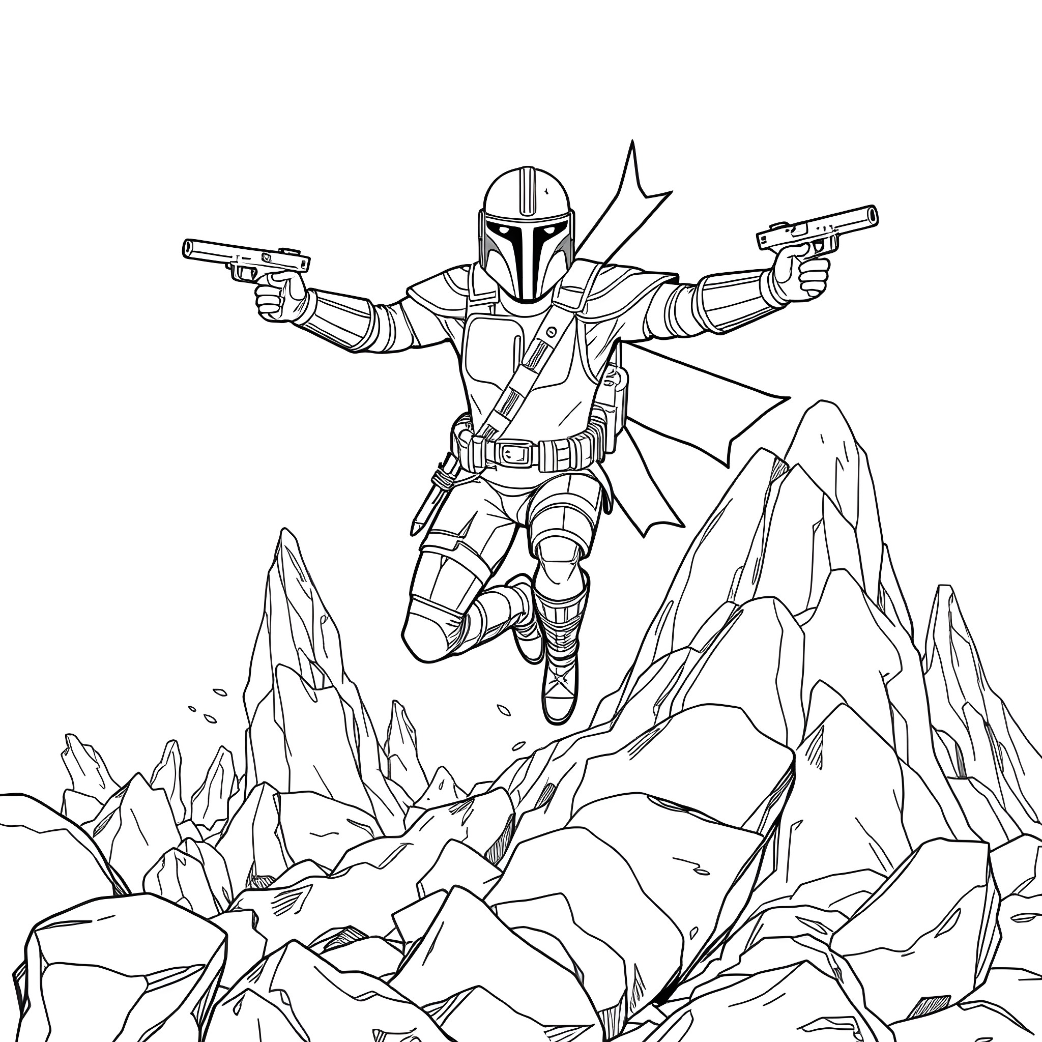 Mandalorian warrior in action on a rocky landscape Coloring Page (free black-and-white line drawing printable PDF for all, from beginners to advanced learners, including children, teens, adults, and seniors)