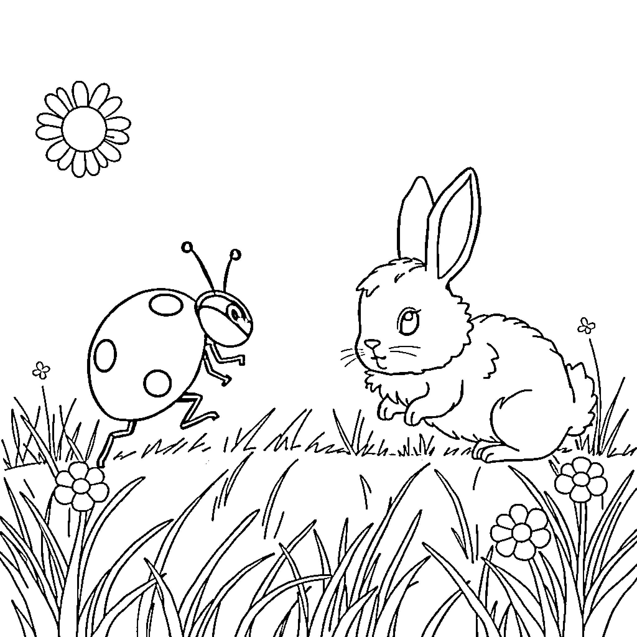 Lady Bug and Bunny playing in the meadow Coloring Page (free black-and-white line drawing printable PDF for all, from beginners to advanced learners, including children, teens, adults, and seniors)
