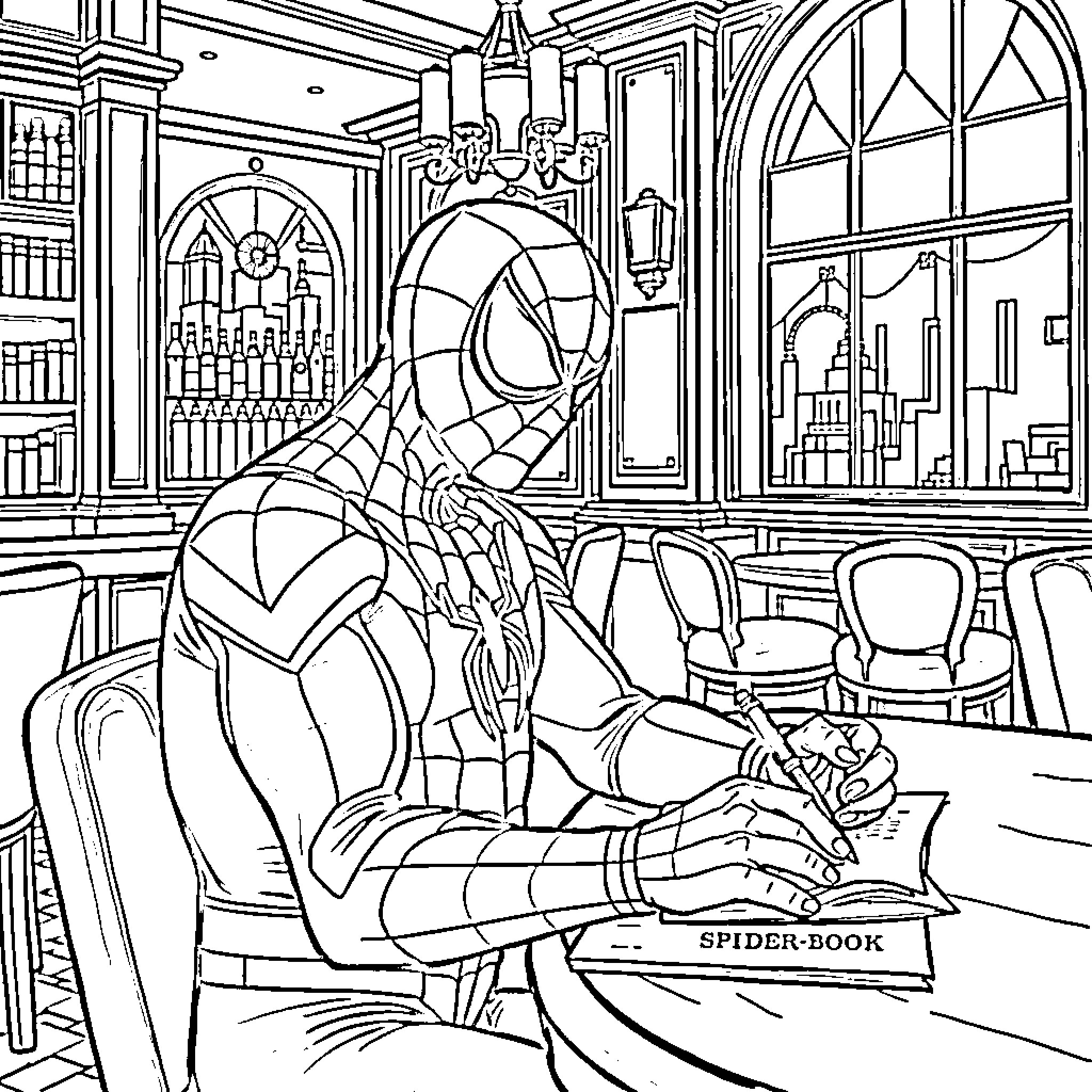 Spiderman reading a book in an ornate library Coloring Page (free black-and-white line drawing printable PDF for all, from beginners to advanced learners, including children, teens, adults, and seniors)