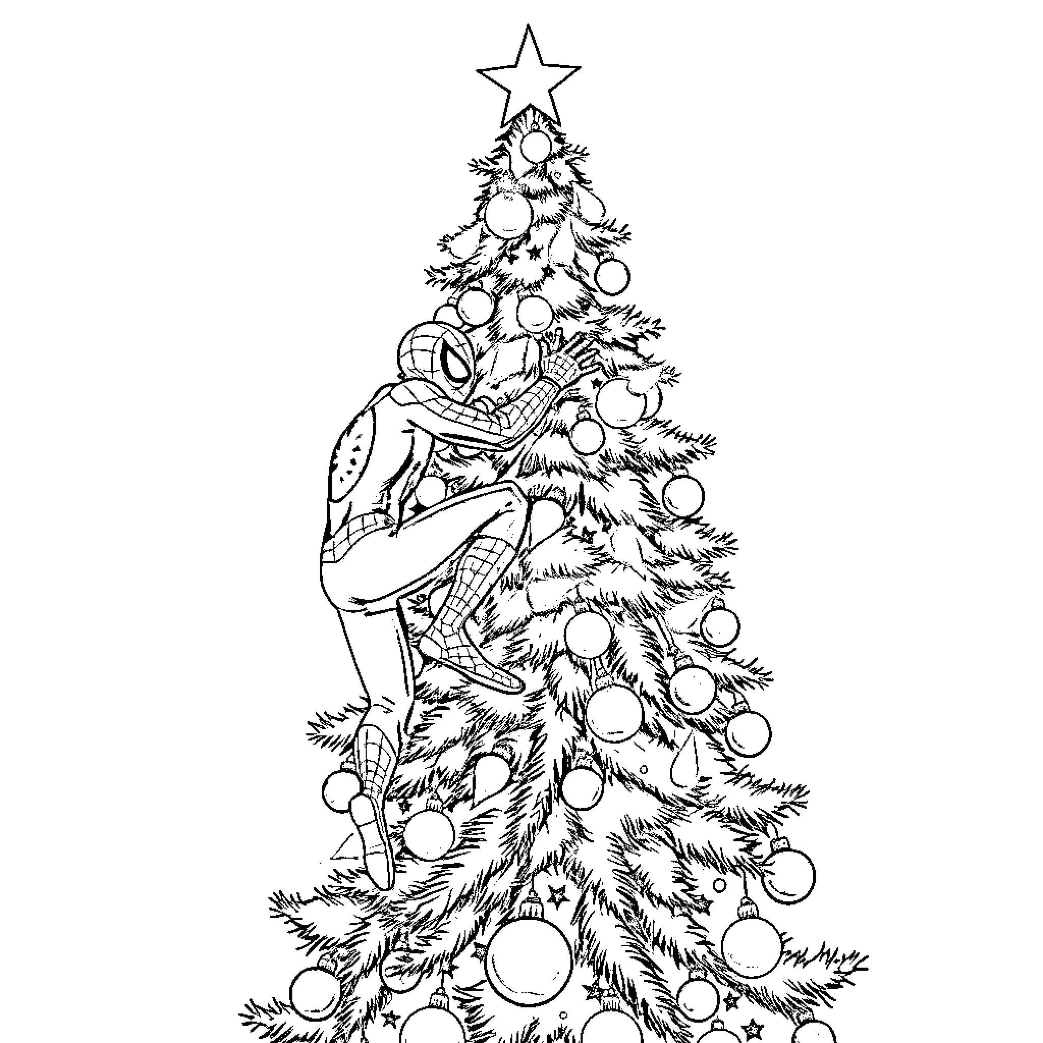 Spiderman decorating Christmas tree with ornaments Coloring Page (free black-and-white line drawing printable PDF for all, from beginners to advanced learners, including children, teens, adults, and seniors)