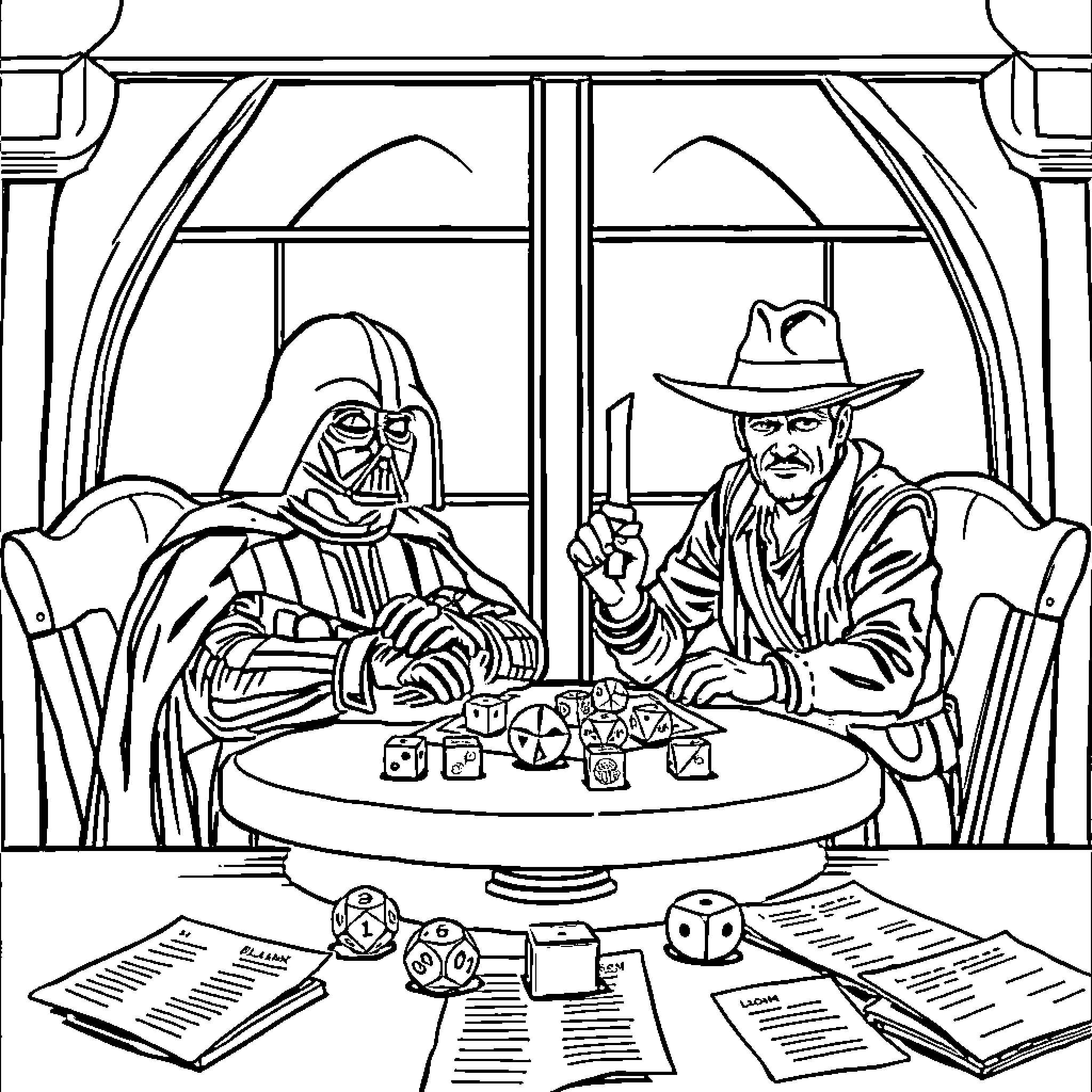 Darth Vader and Han Solo playing dice game Coloring Page (free black-and-white line drawing printable PDF for all, from beginners to advanced learners, including children, teens, adults, and seniors)