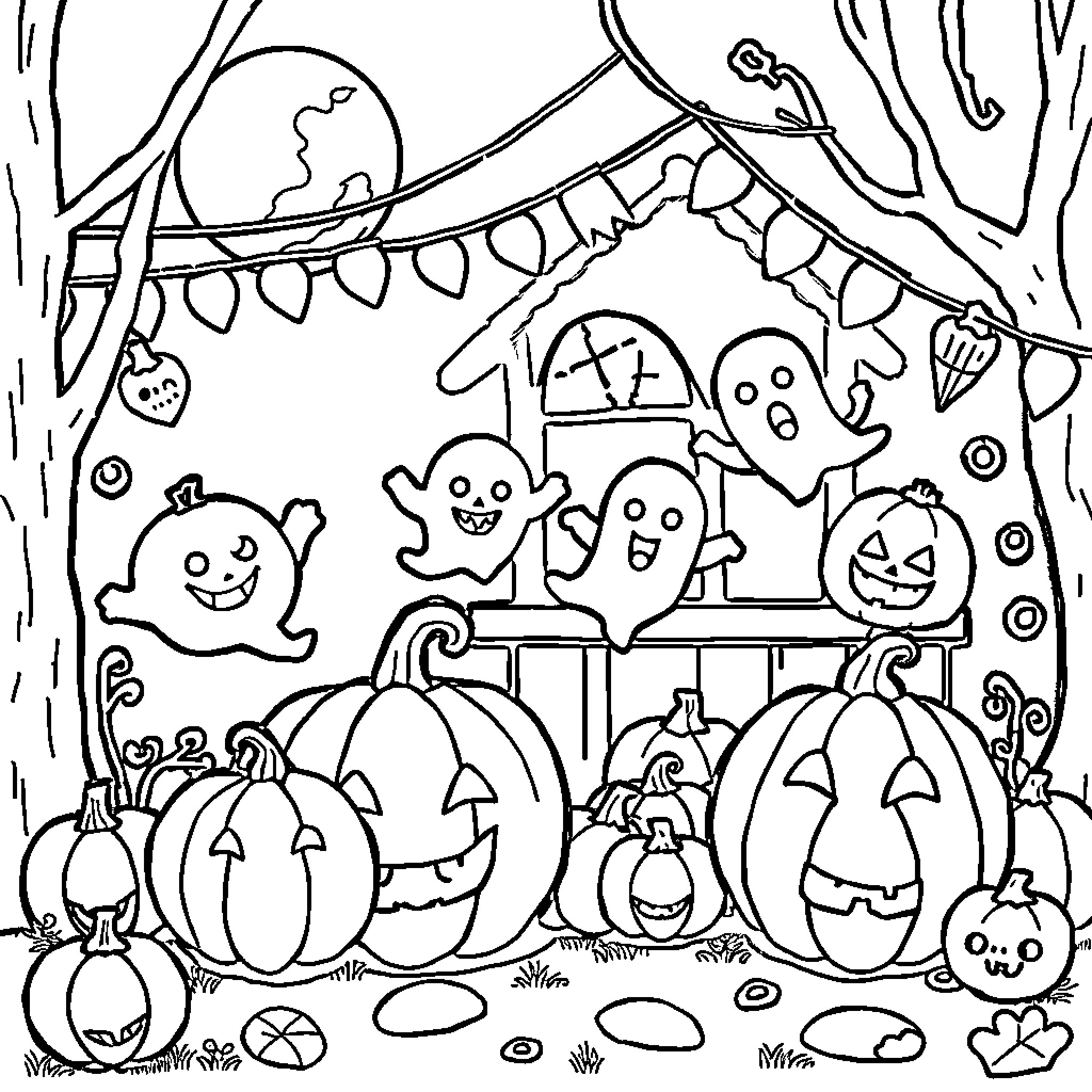 Halloween characters gathering for a festive party Coloring Page (free black-and-white line drawing printable PDF for all, from beginners to advanced learners, including children, teens, adults, and seniors)