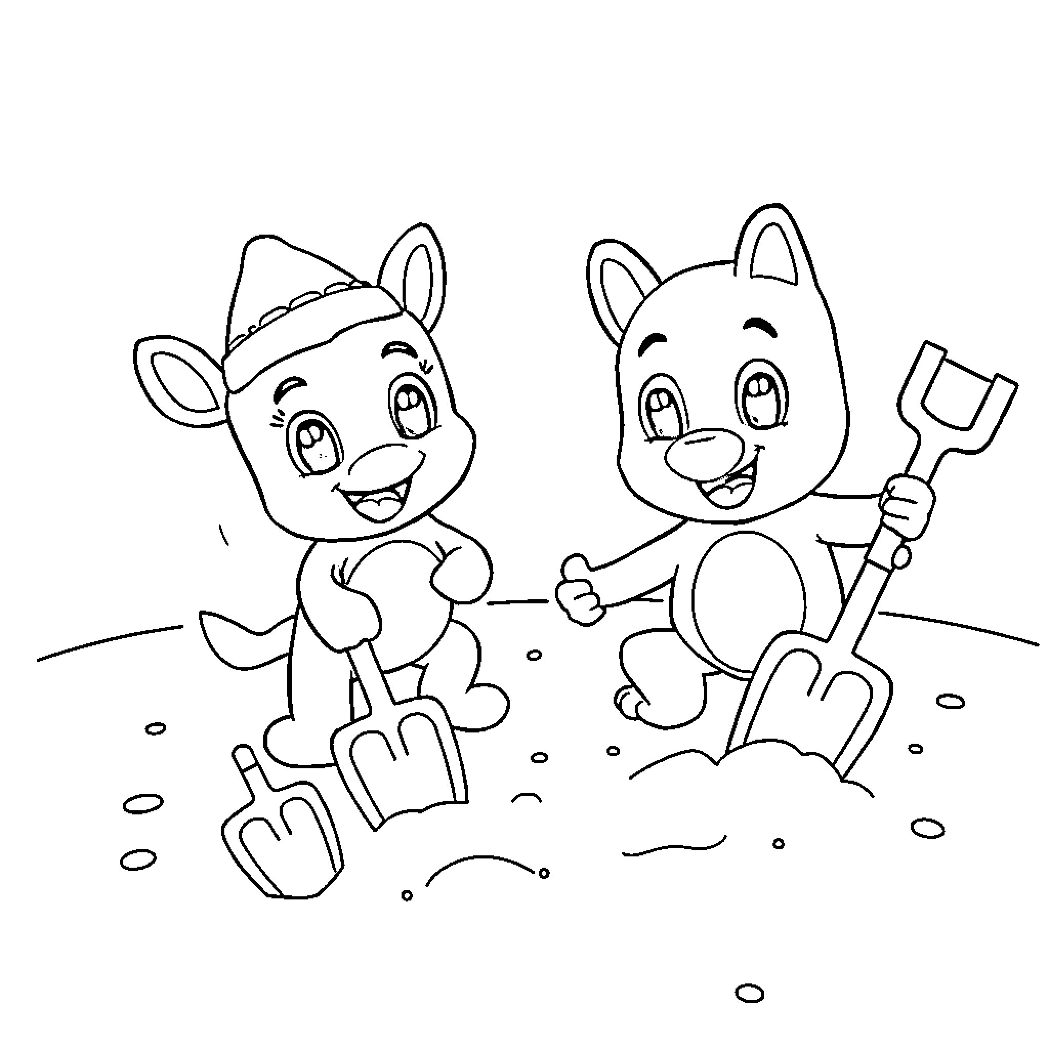 Bluey and Bingo playing together in the sand Coloring Page (free black-and-white line drawing printable PDF for all, from beginners to advanced learners, including children, teens, adults, and seniors)