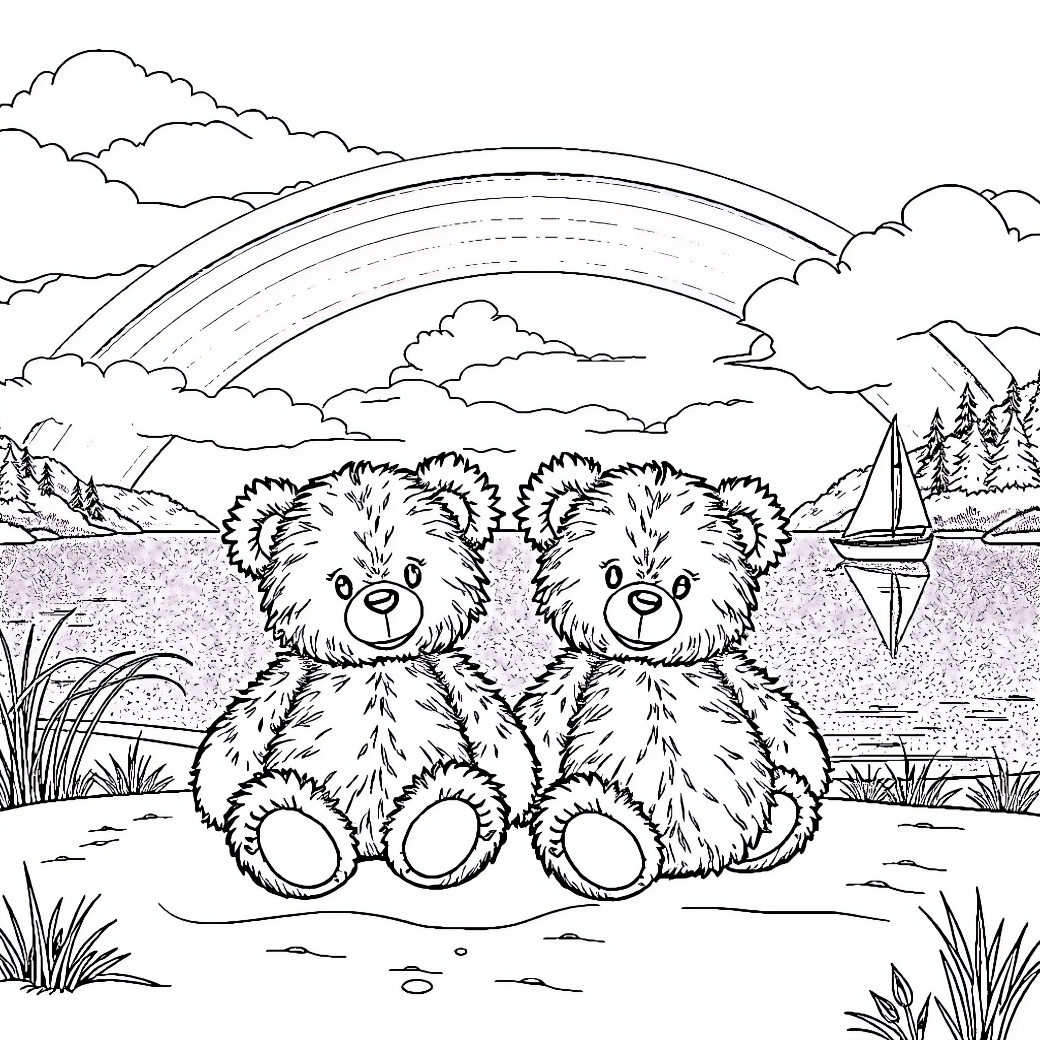 Teddy Bears Enjoying a Scenic Landscape Coloring Page (free black-and-white line drawing printable PDF for all, from beginners to advanced learners, including children, teens, adults, and seniors)