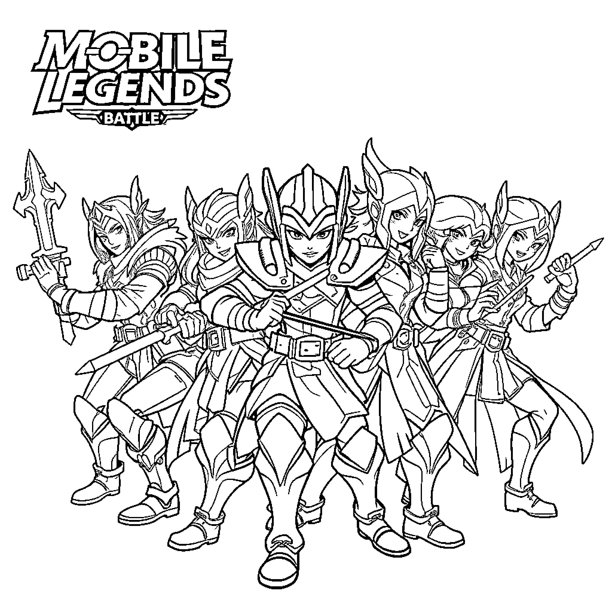 Hero Champions in Action Poses from Mobile Legends: Battle Coloring Page (free black-and-white line drawing printable PDF for all, from beginners to advanced learners, including children, teens, adults, and seniors)