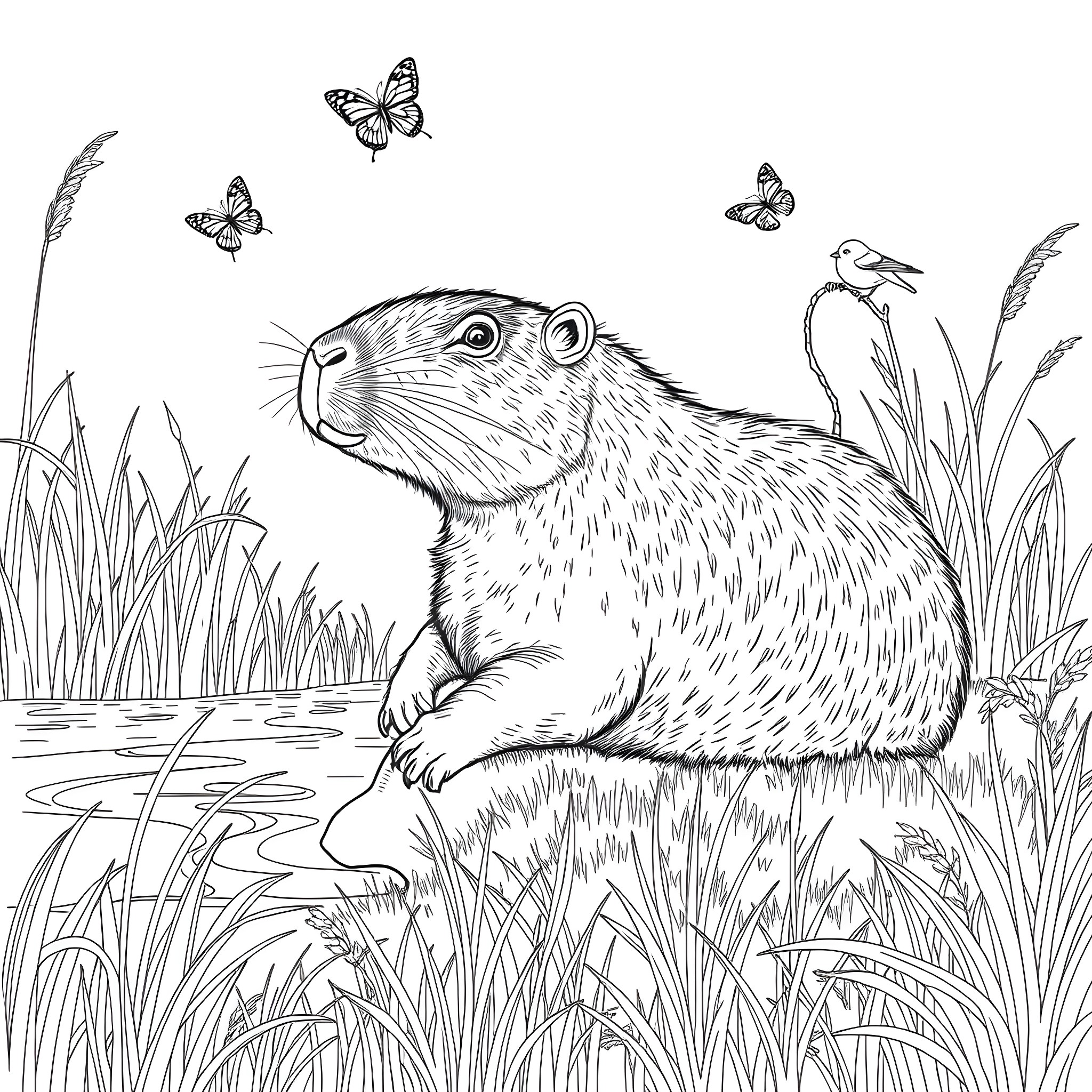 Capybara enjoying the outdoors with butterflies and birds Coloring Page (free black-and-white line drawing printable PDF for all, from beginners to advanced learners, including children, teens, adults, and seniors)