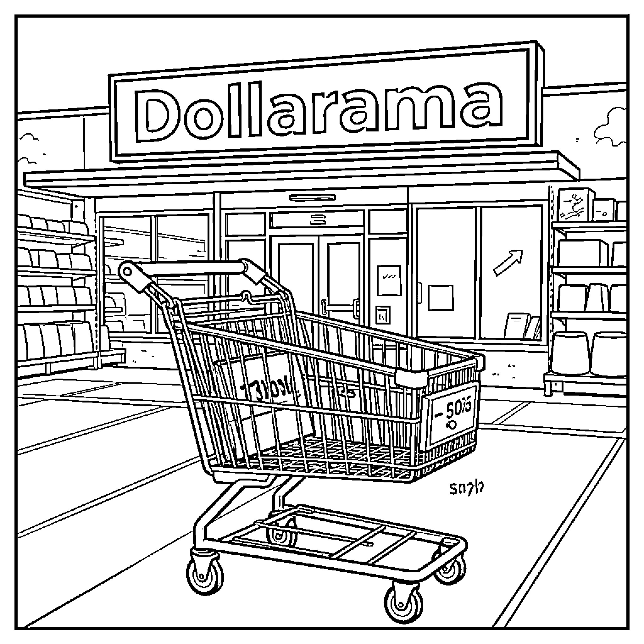 Chariot of shopping goods in front of a store Coloring Page (free black-and-white line drawing printable PDF for all, from beginners to advanced learners, including children, teens, adults, and seniors)