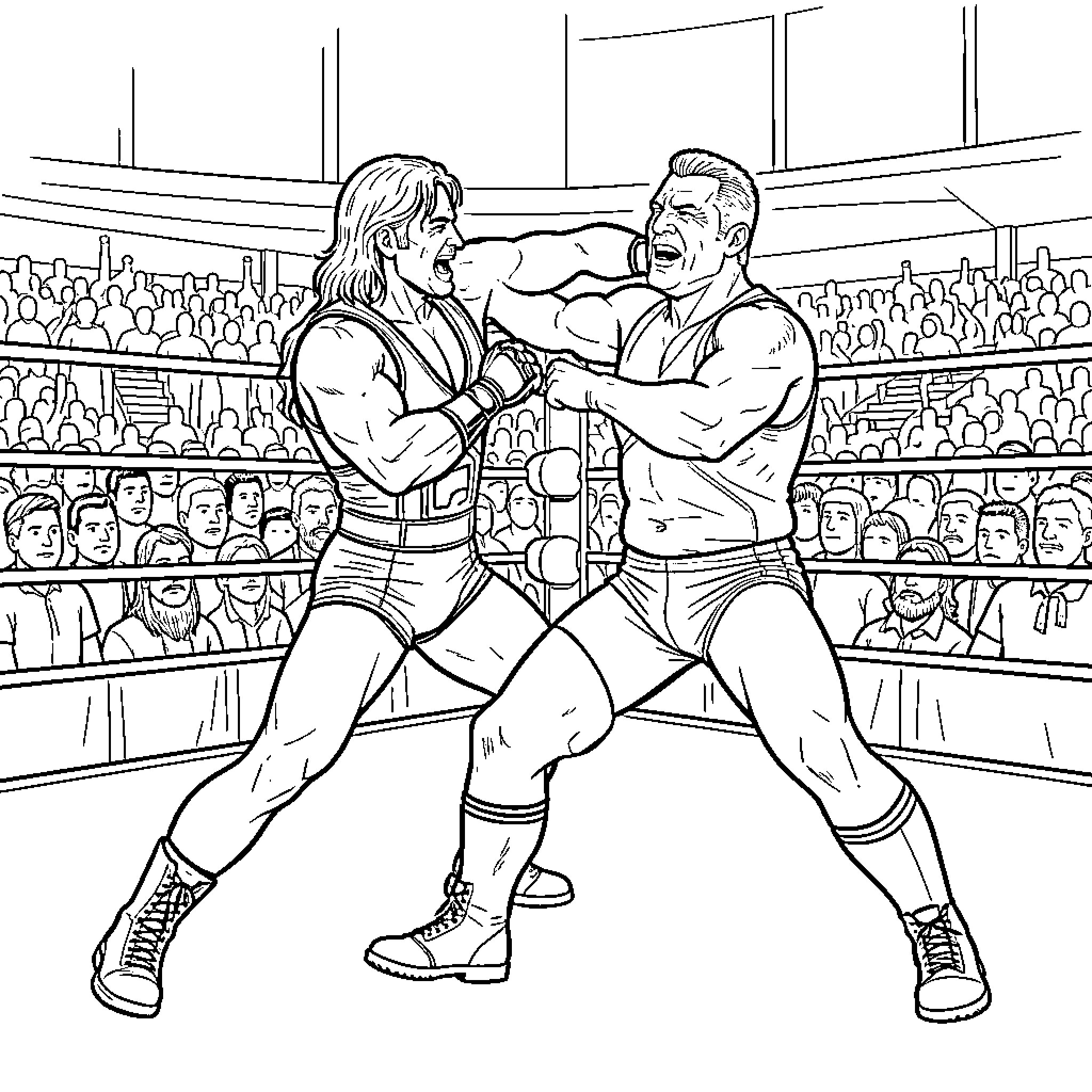 Bret Hart wrestling in a professional ring Coloring Page (free black-and-white line drawing printable PDF for all, from beginners to advanced learners, including children, teens, adults, and seniors)