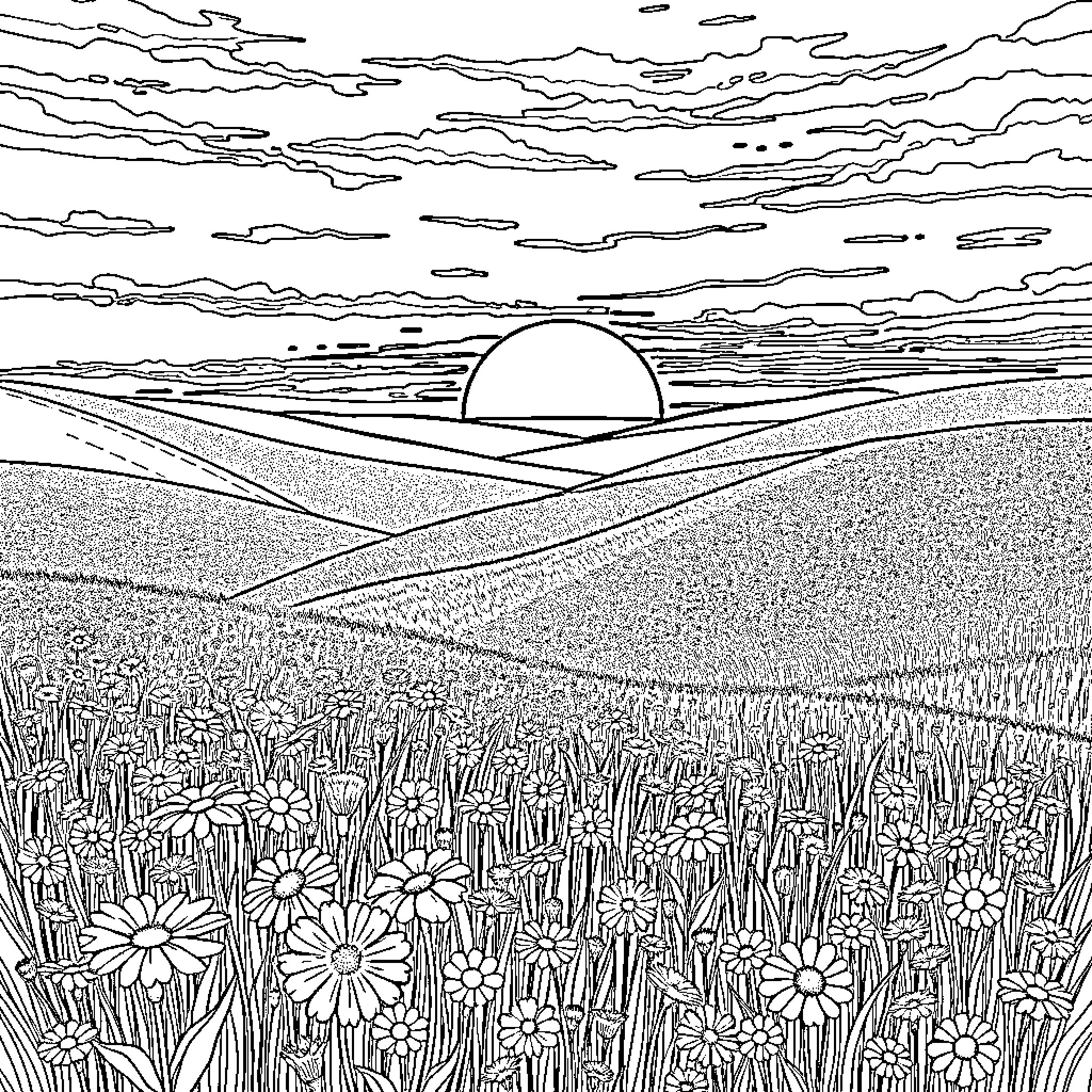 Hill of Flowers in the Sunset Coloring Page (free black-and-white line drawing printable PDF for all, from beginners to advanced learners, including children, teens, adults, and seniors)
