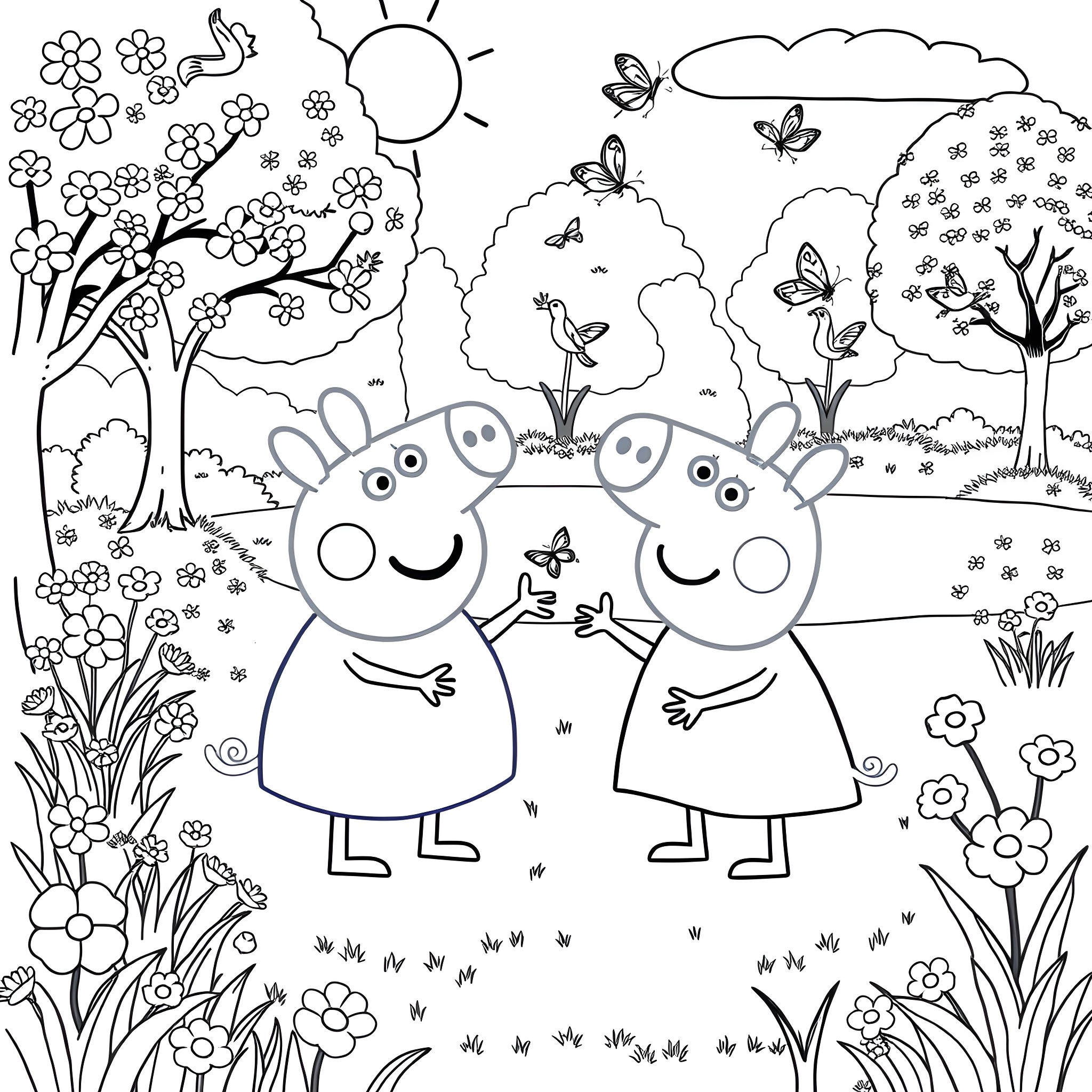 Bluey playing in a spring garden with butterflies Coloring Page (free black-and-white line drawing printable PDF for all, from beginners to advanced learners, including children, teens, adults, and seniors)