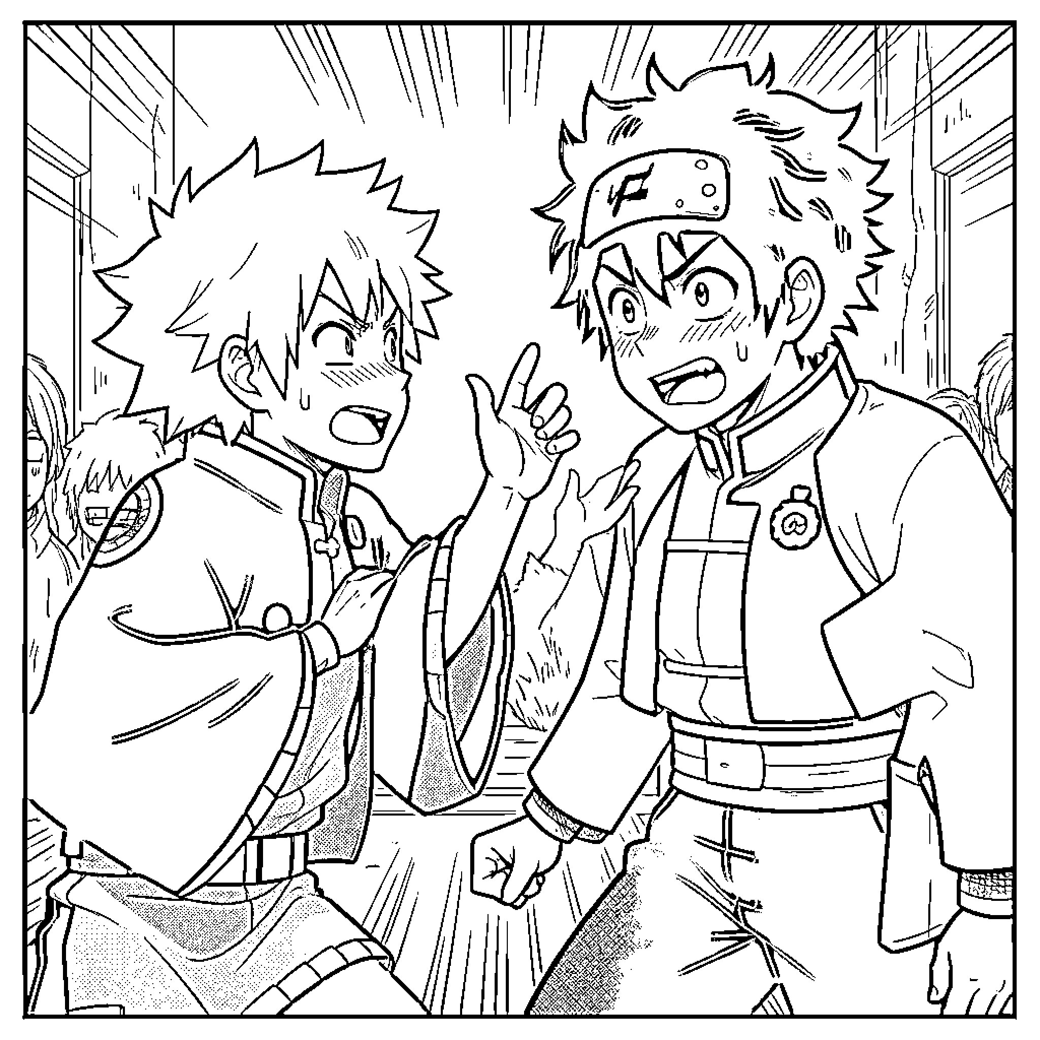 Zenitsu and companion engaging in an intense argument Coloring Page (free black-and-white line drawing printable PDF for all, from beginners to advanced learners, including children, teens, adults, and seniors)