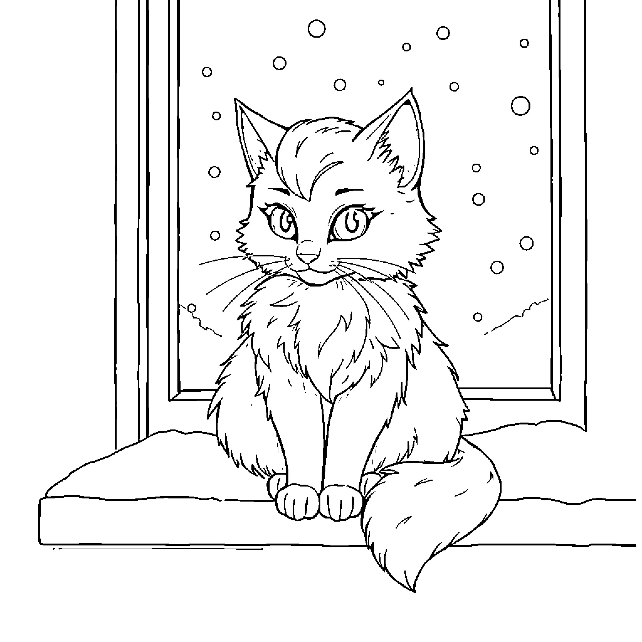 Elsa the Curious Cat Gazes Out the Window Coloring Page (free black-and-white line drawing printable PDF for all, from beginners to advanced learners, including children, teens, adults, and seniors)