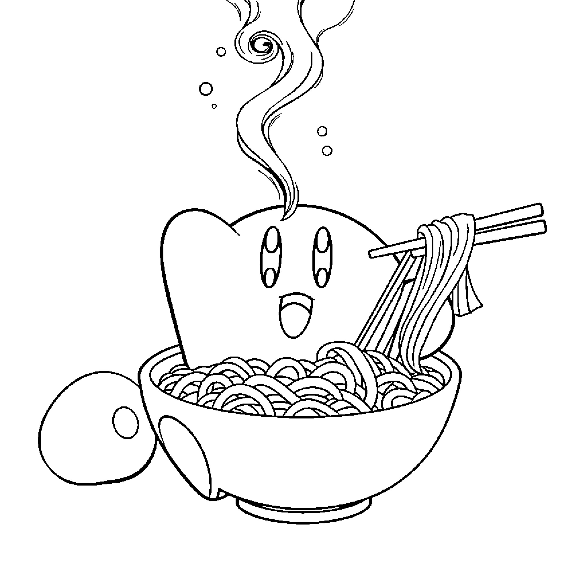 Kirby Enjoys Steaming Bowl of Noodles Coloring Page (free black-and-white line drawing printable PDF for all, from beginners to advanced learners, including children, teens, adults, and seniors)
