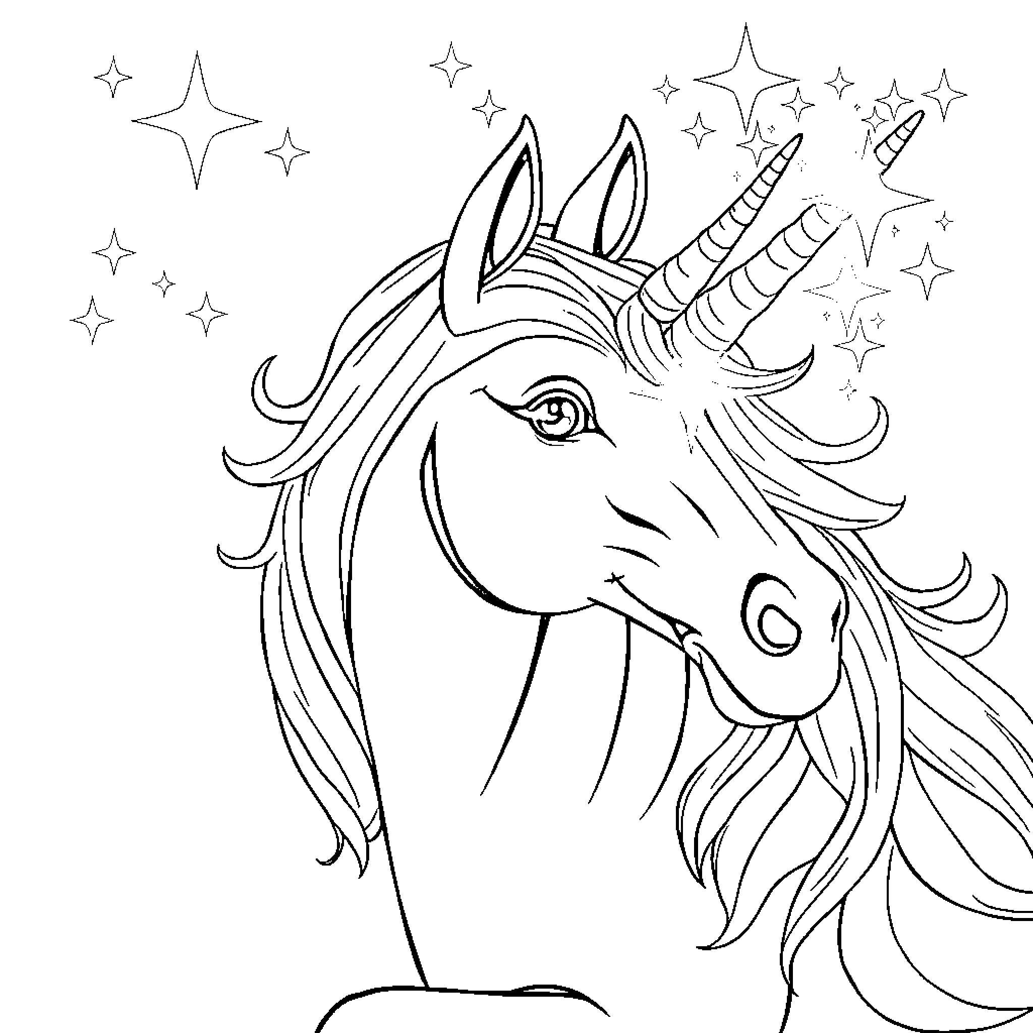 Unicorn gazing at the sparkling stars Coloring Page (free black-and-white line drawing printable PDF for all, from beginners to advanced learners, including children, teens, adults, and seniors)