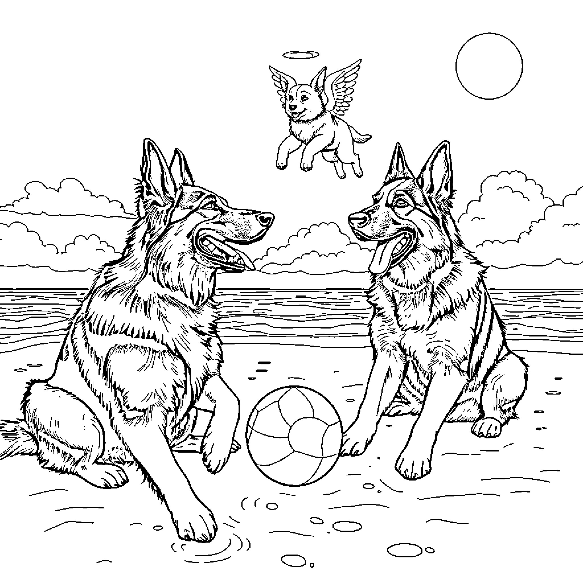 German Shepherd dogs playing with ball on the beach Coloring Page (free black-and-white line drawing printable PDF for all, from beginners to advanced learners, including children, teens, adults, and seniors)