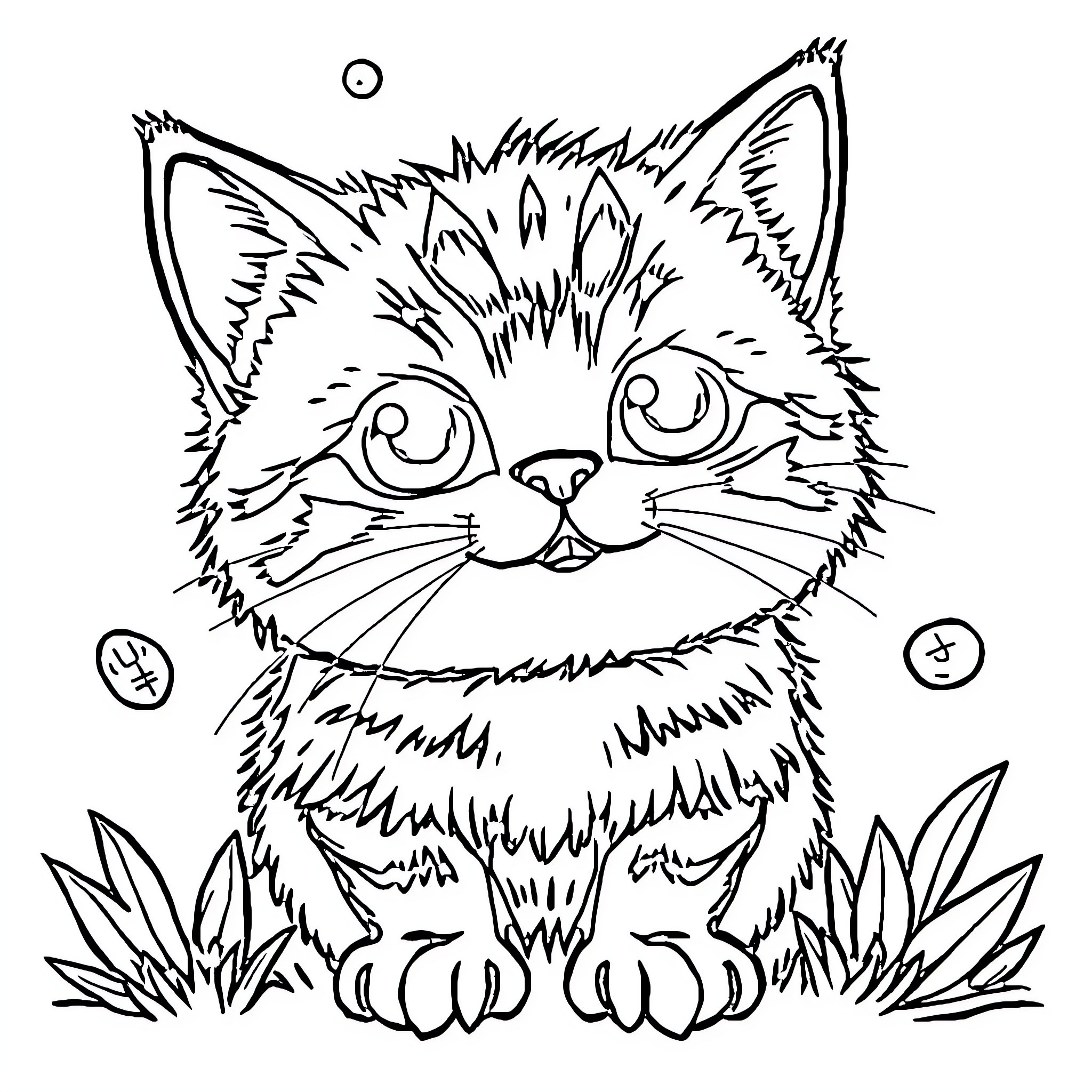 Cat in a mystical forest setting Coloring Page (free black-and-white line drawing printable PDF for all, from beginners to advanced learners, including children, teens, adults, and seniors)