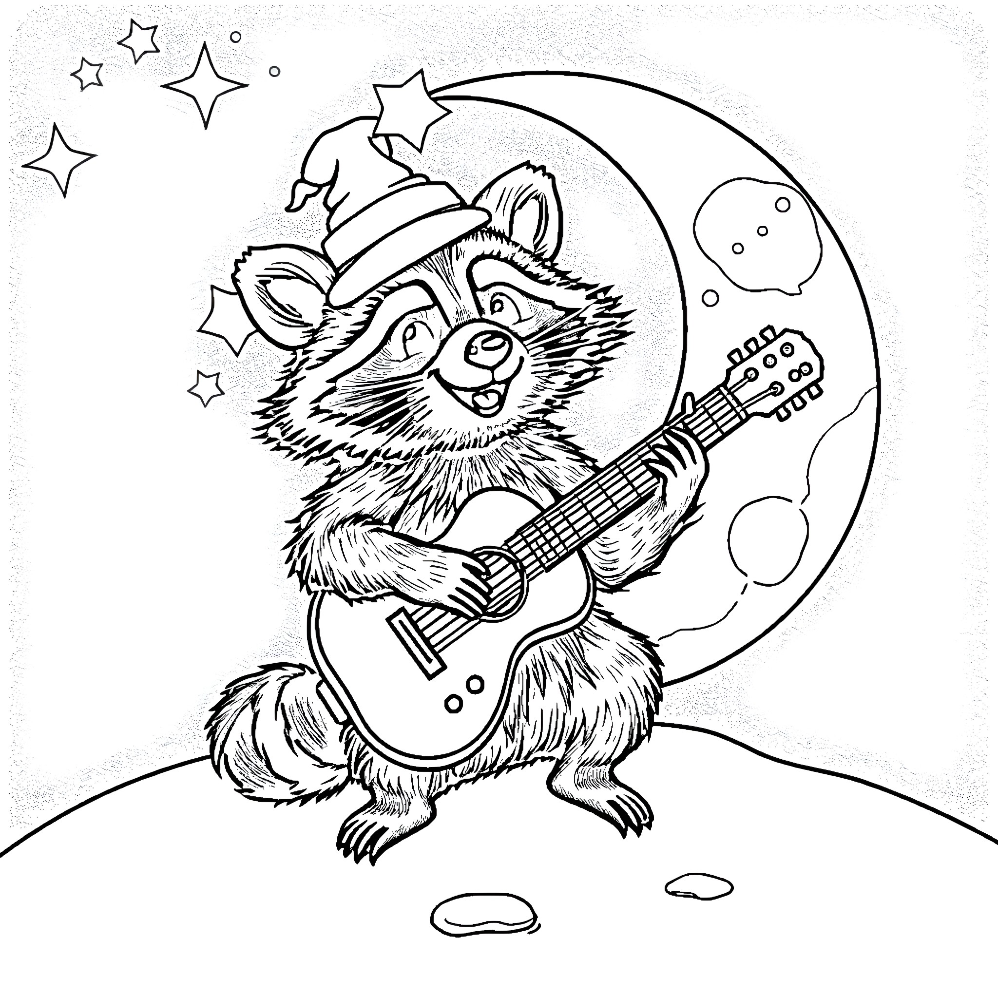 Raccoon musician playing guitar under the moon Coloring Page (free black-and-white line drawing printable PDF for all, from beginners to advanced learners, including children, teens, adults, and seniors)