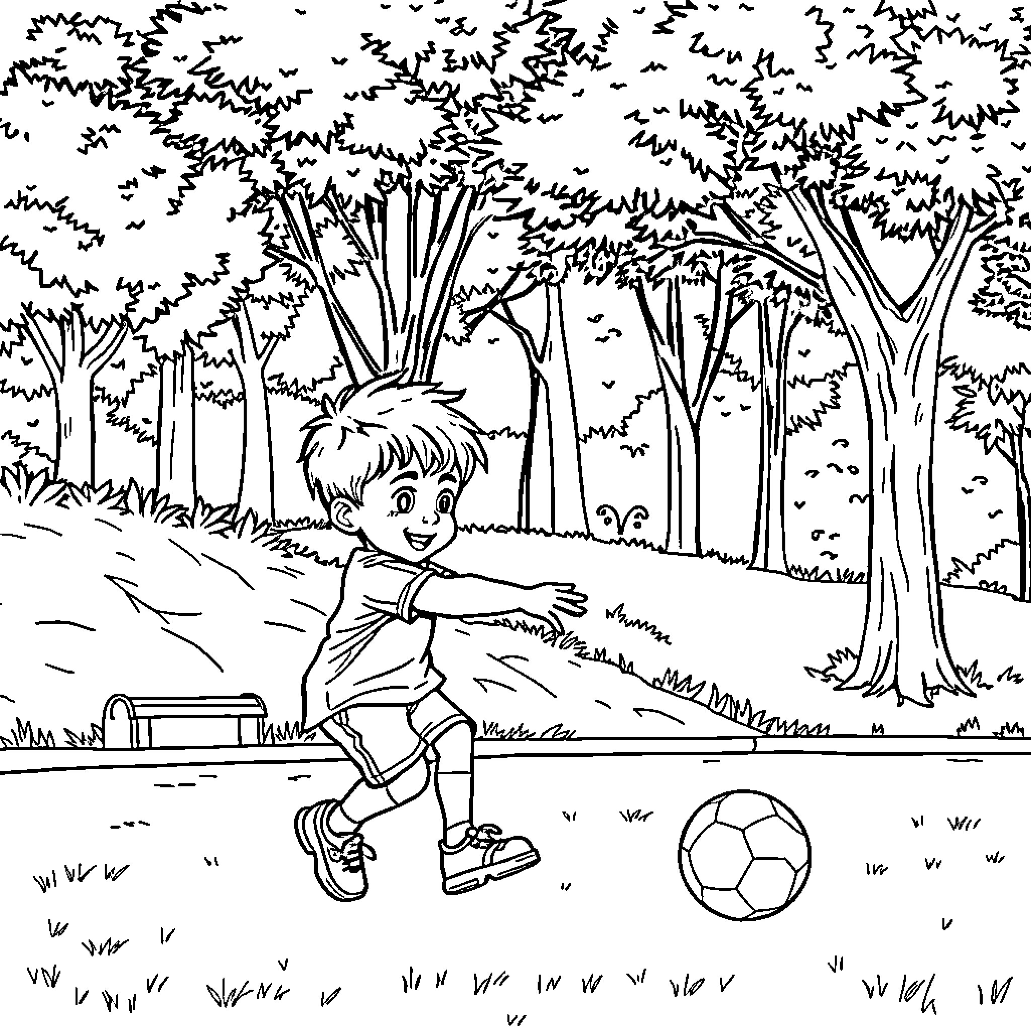 Child playing with soccer ball in the park Coloring Page (free black-and-white line drawing printable PDF for all, from beginners to advanced learners, including children, teens, adults, and seniors)