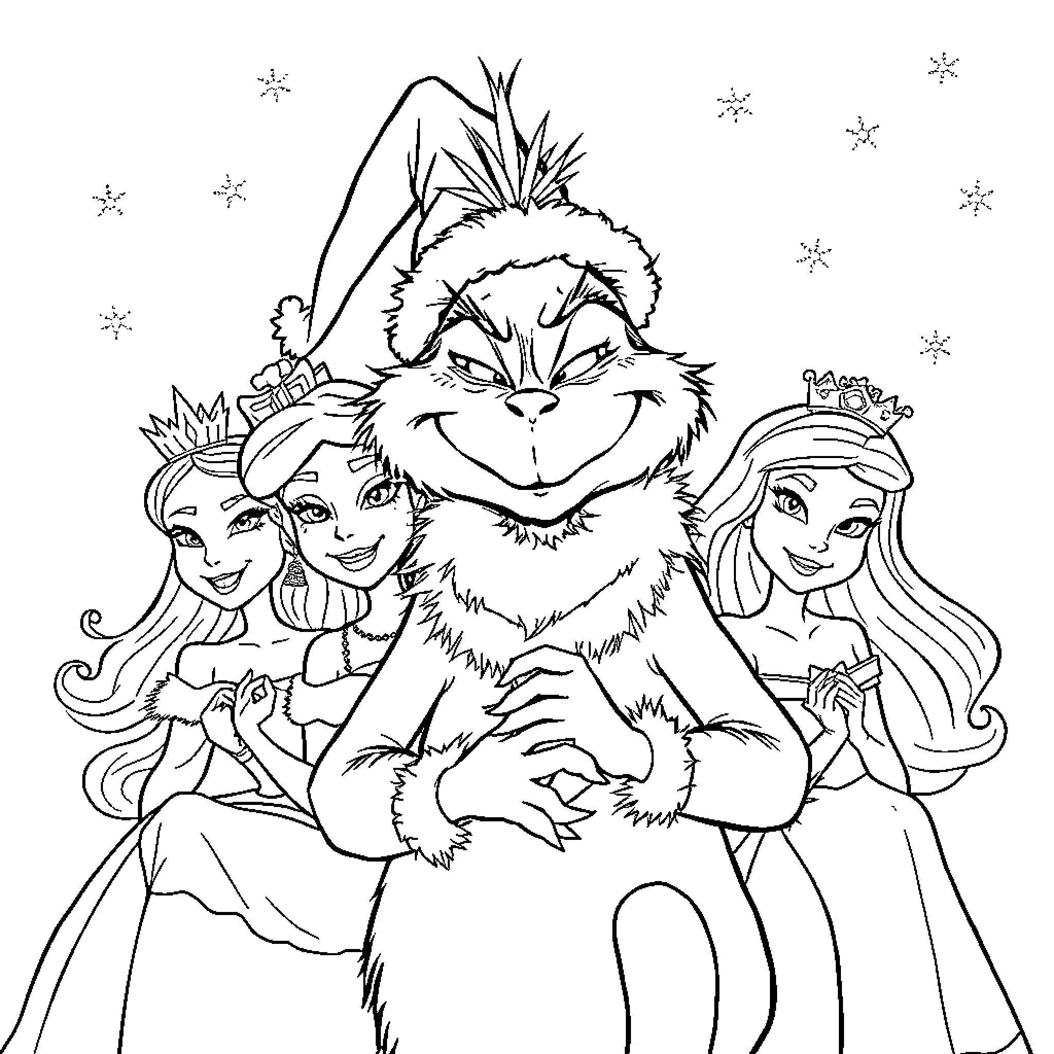 Grinch mischievously surrounded by smiling princesses Coloring Page (free black-and-white line drawing printable PDF for all, from beginners to advanced learners, including children, teens, adults, and seniors)