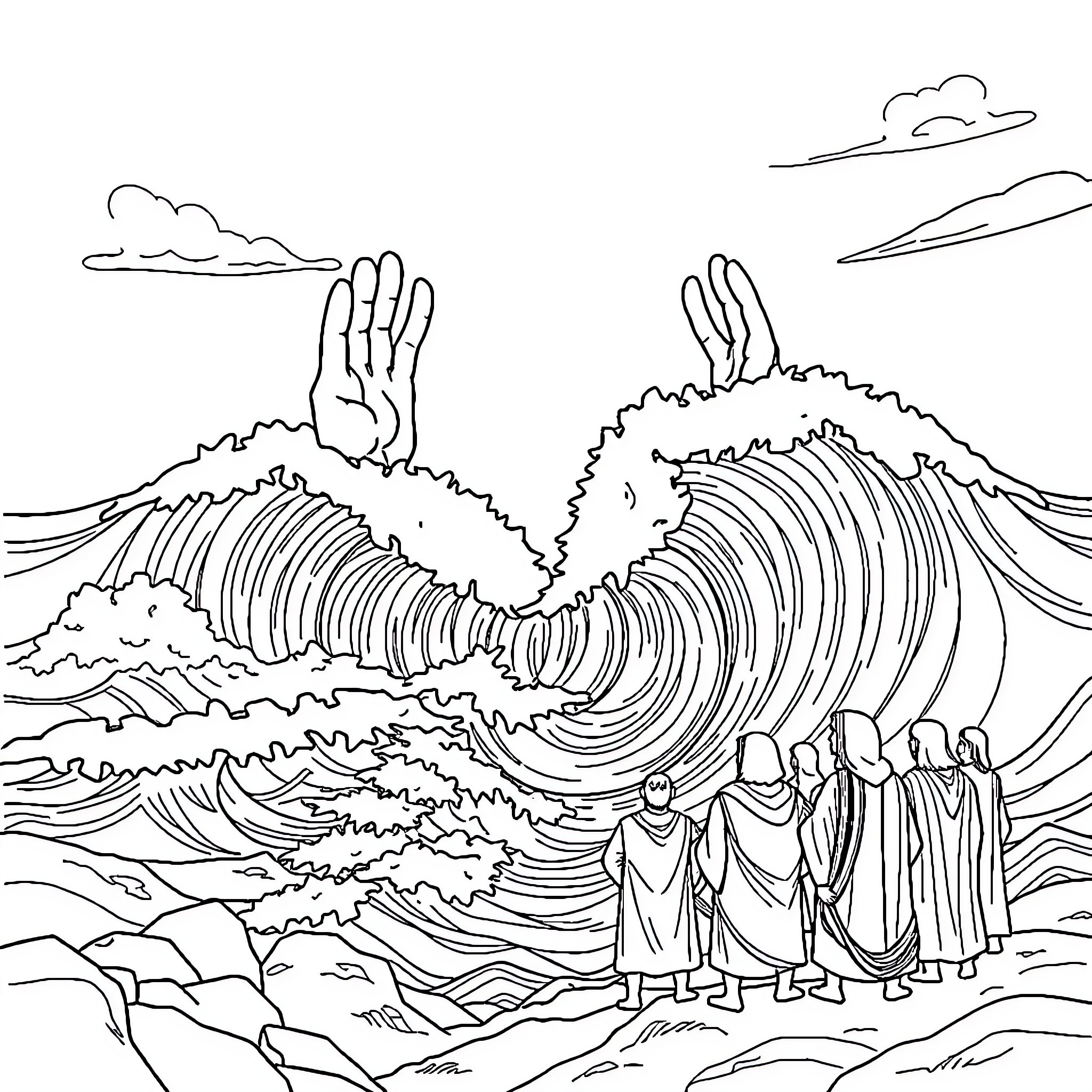 God's Creation of Towering Waves and Figures Coloring Page (free black-and-white line drawing printable PDF for all, from beginners to advanced learners, including children, teens, adults, and seniors)