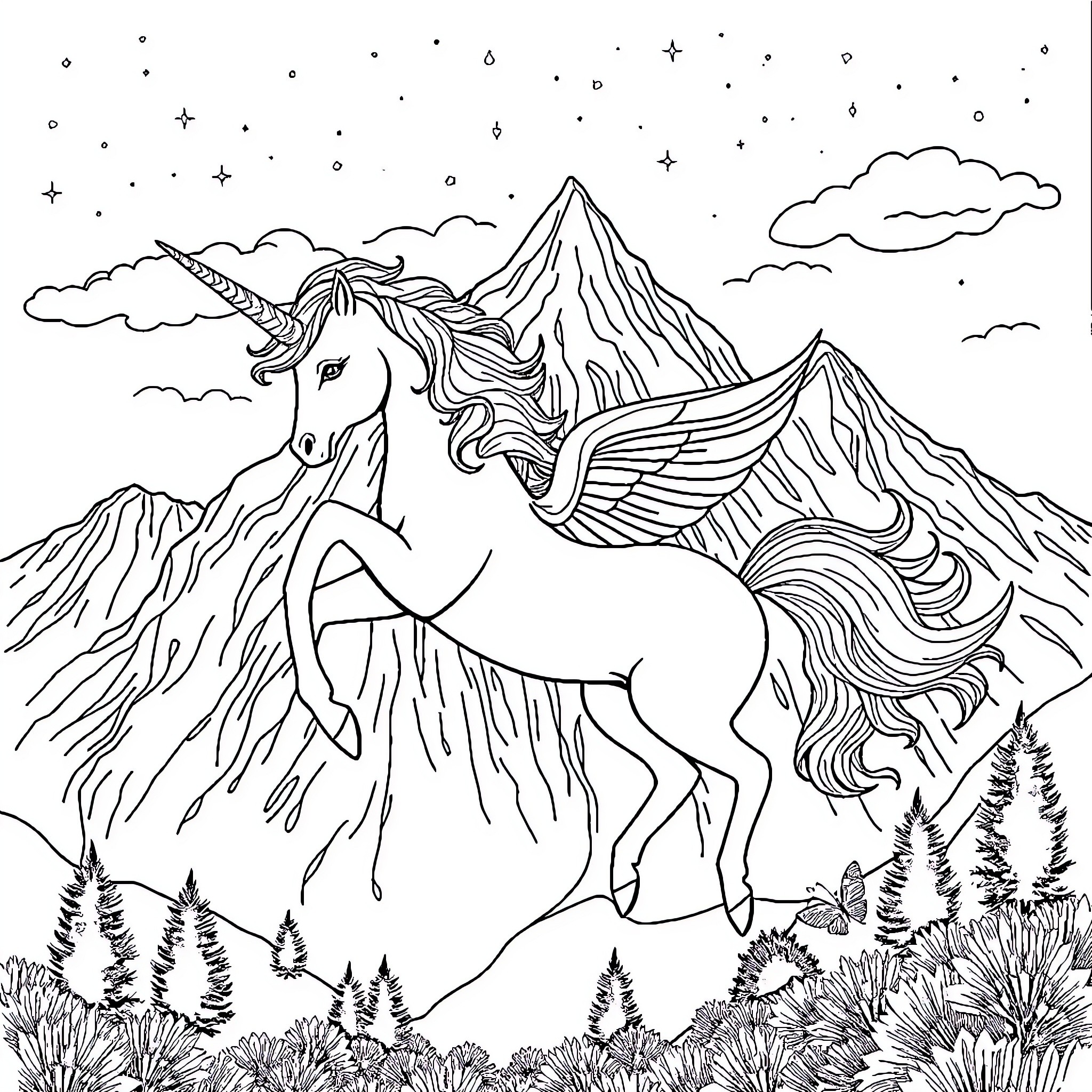 Unicorn Soaring Over Majestic Mountains Coloring Page (free black-and-white line drawing printable PDF for all, from beginners to advanced learners, including children, teens, adults, and seniors)