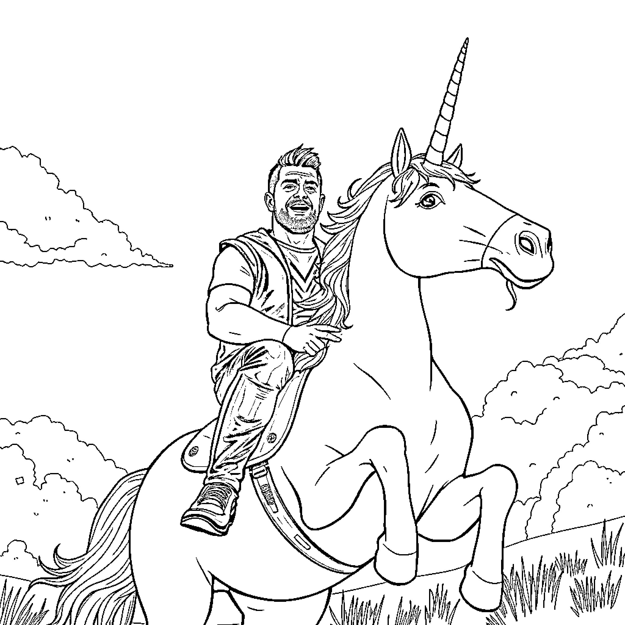 John Cena riding a majestic unicorn in a fantastical landscape Coloring Page (free black-and-white line drawing printable PDF for all, from beginners to advanced learners, including children, teens, adults, and seniors)