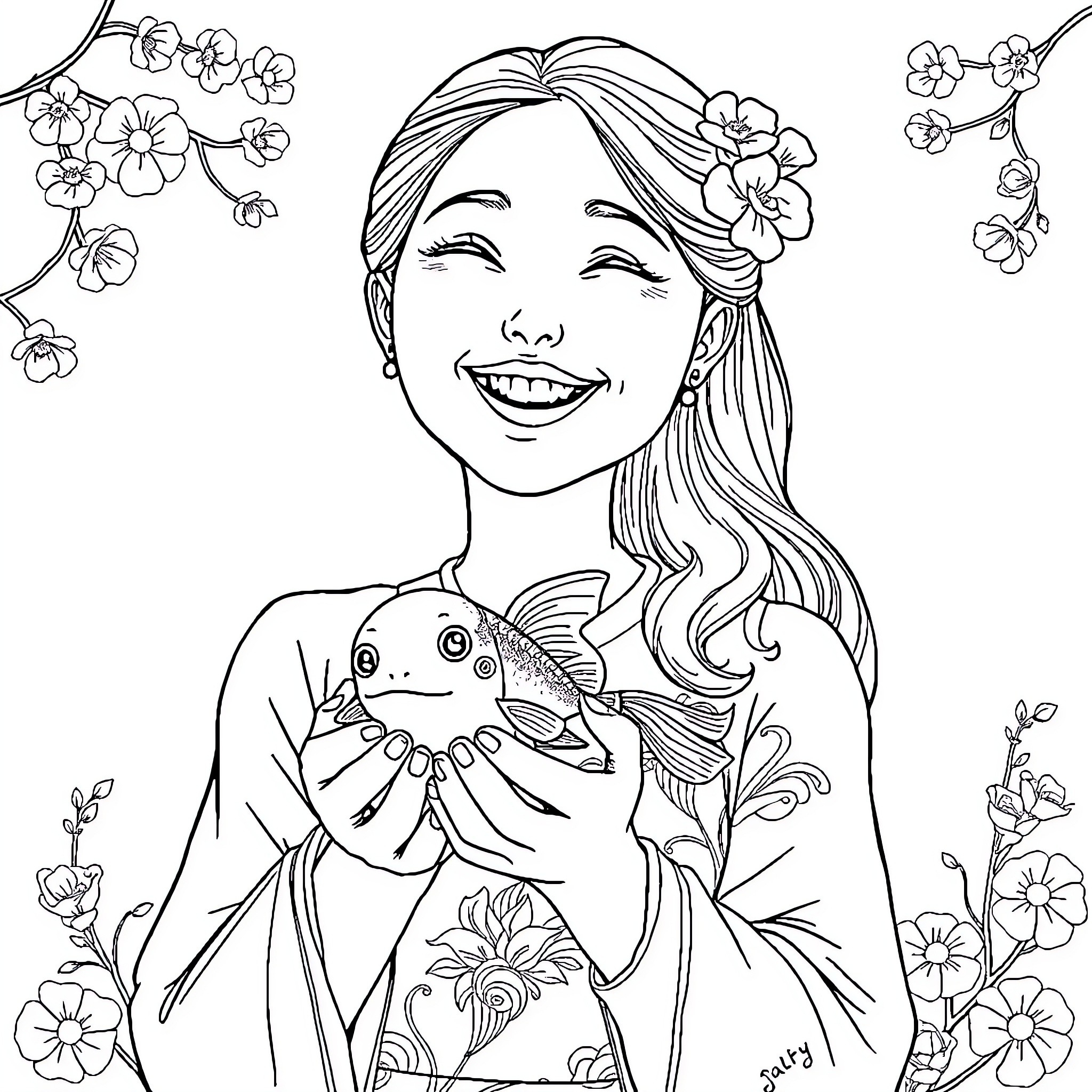 Asiatic Woman Happily Holding a Koi Fish Coloring Page (free black-and-white line drawing printable PDF for all, from beginners to advanced learners, including children, teens, adults, and seniors)