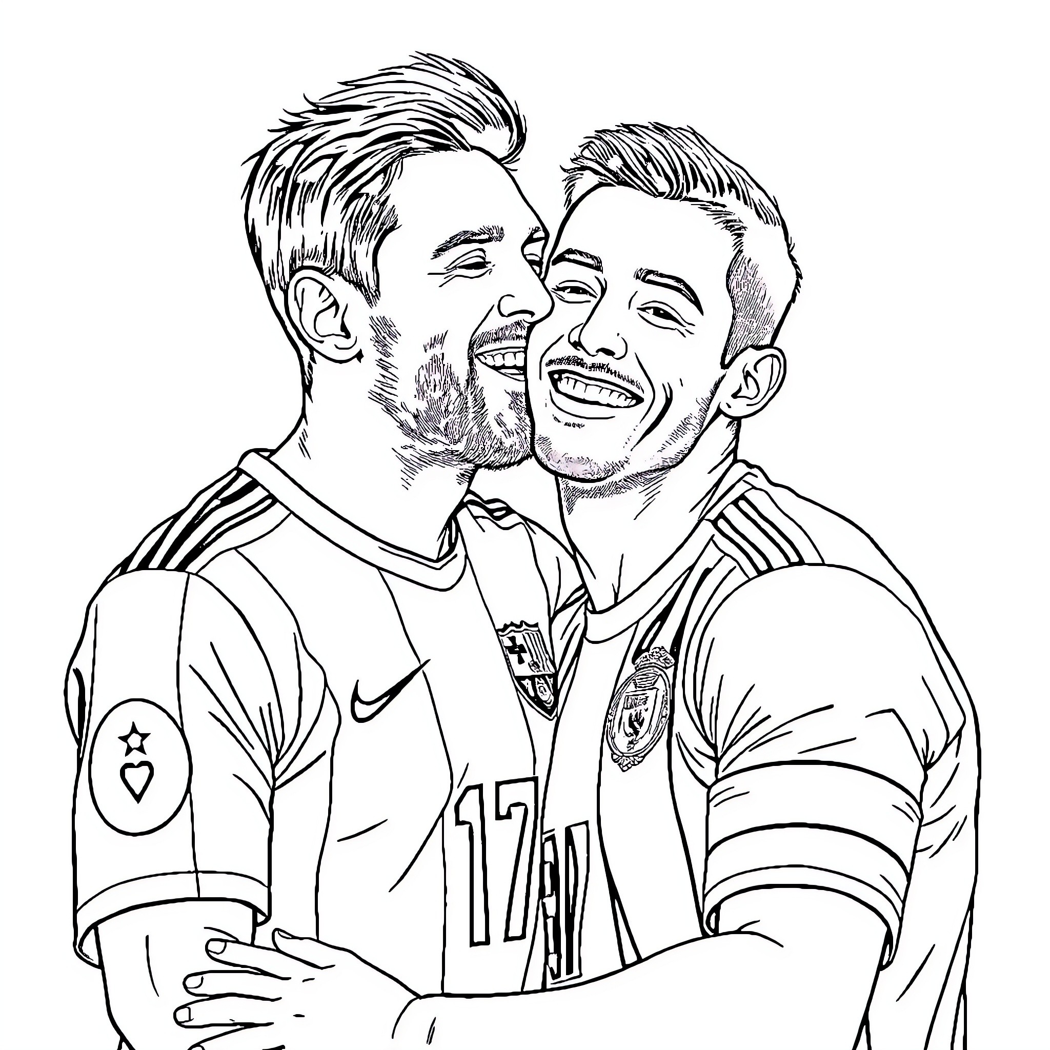 Messi and teammate celebrating on the field Coloring Page (free black-and-white line drawing printable PDF for all, from beginners to advanced learners, including children, teens, adults, and seniors)